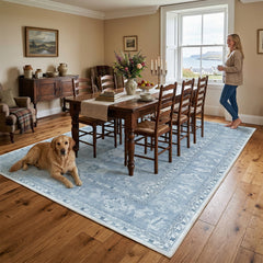 Non-slip backing 5x7 blue rug close up image