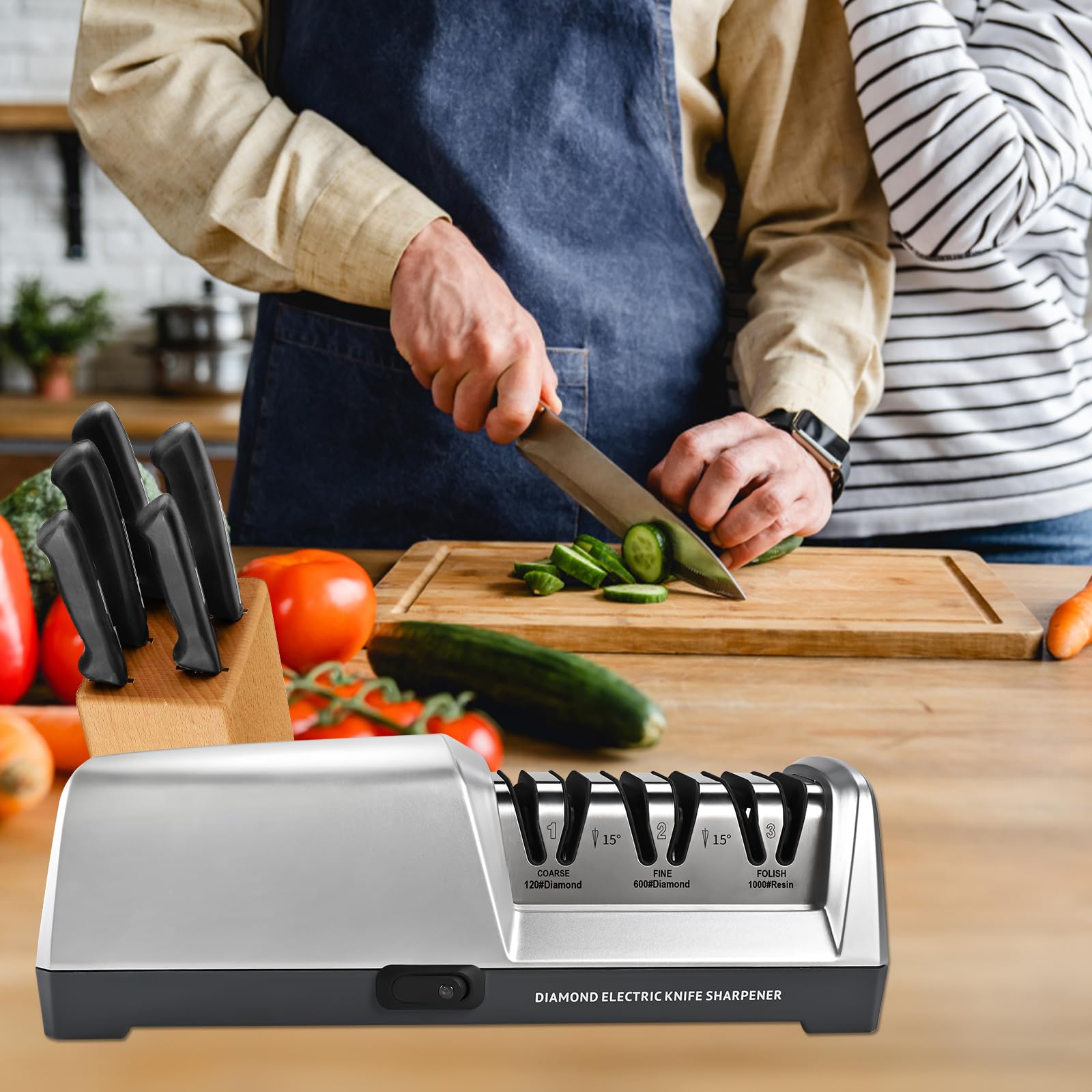 Silver colored electric knife sharpener