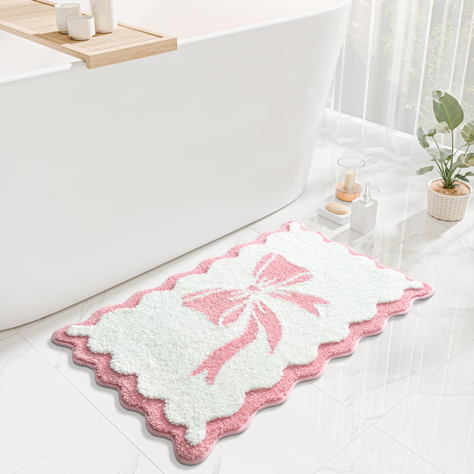 Pink white scalloped bow bathroom mat for 18x25 inch