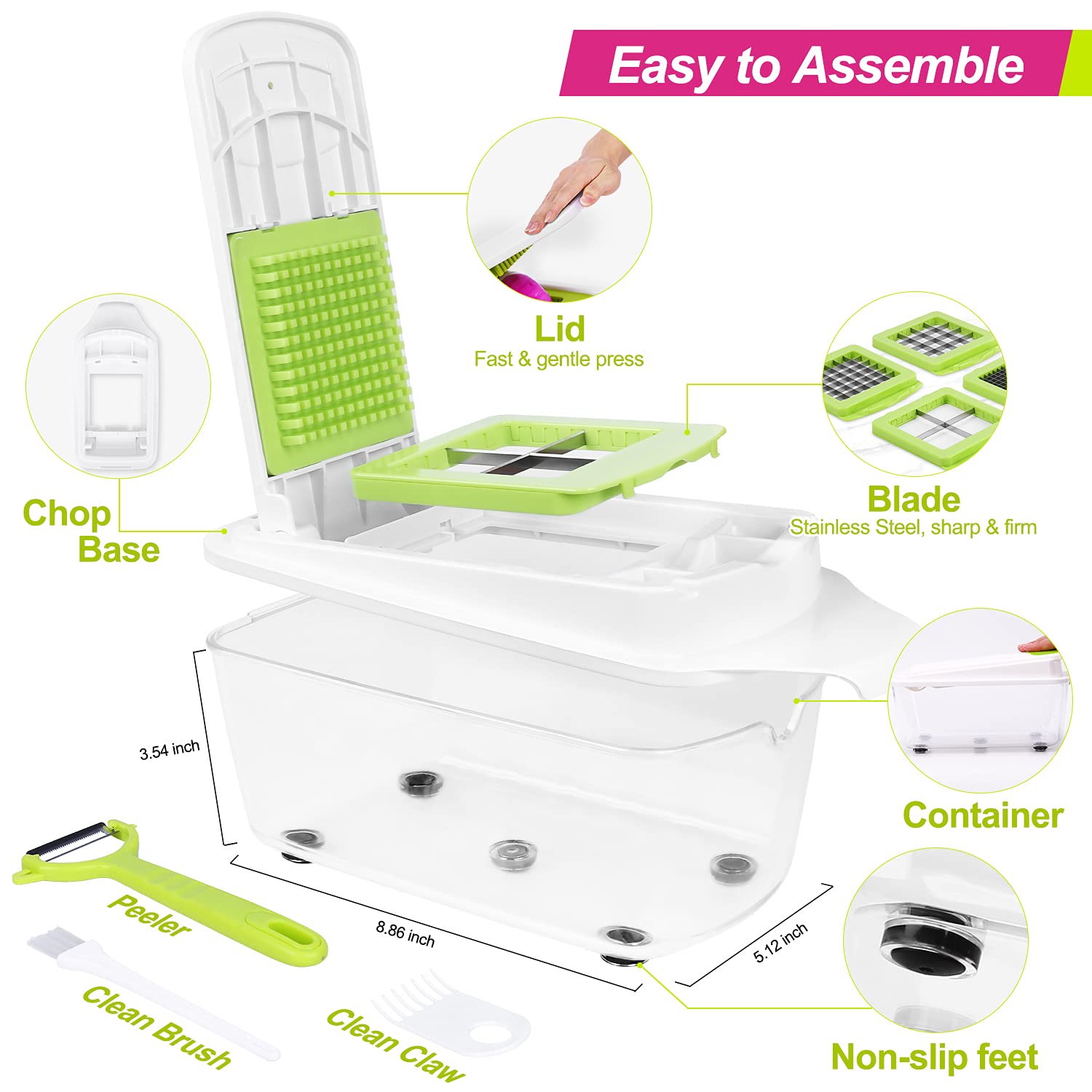 Four non-slip feet stabilize the chopper on counter