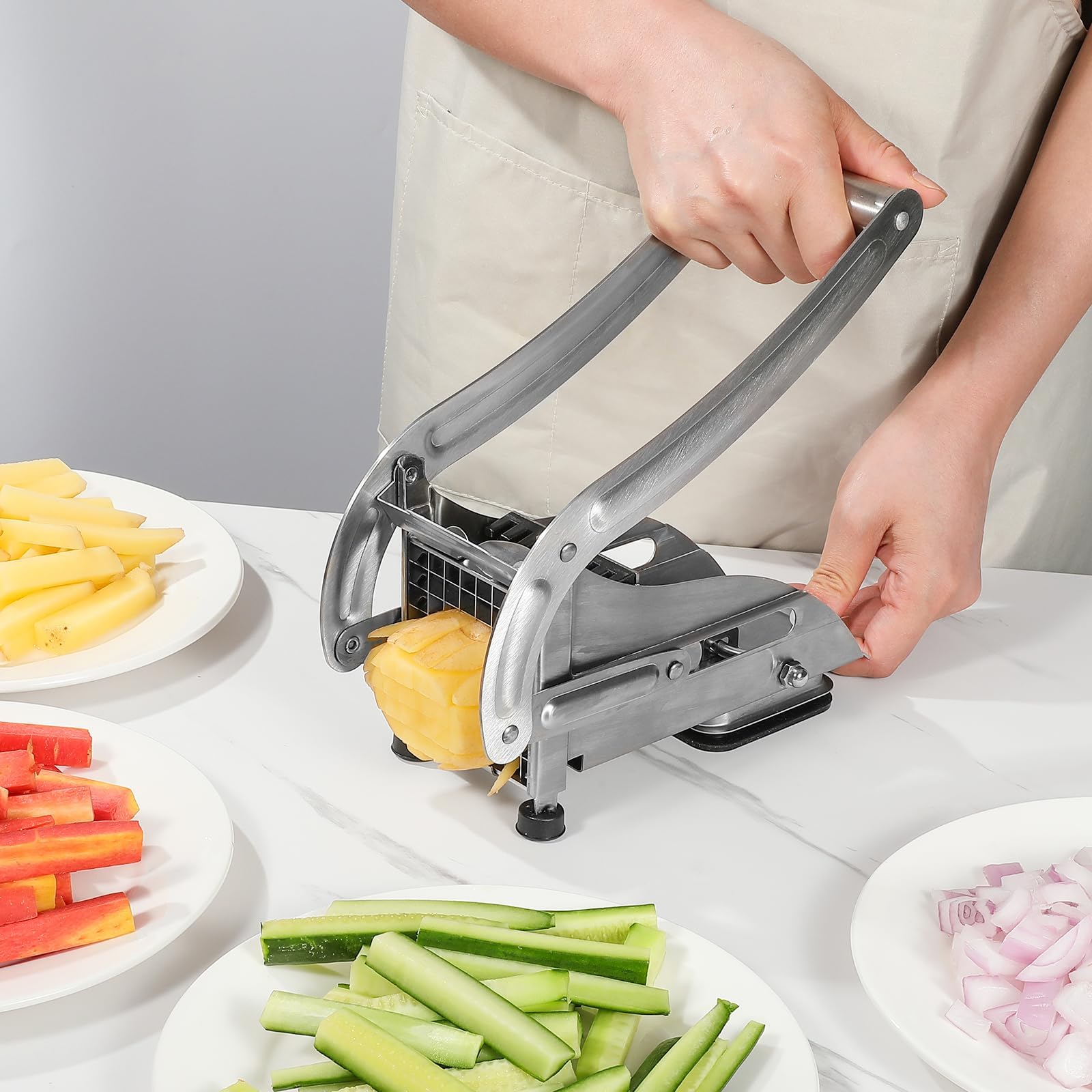 Versatile cutter for sticks or cubes from carrots cucumbers zucchinis and sweet potatoes