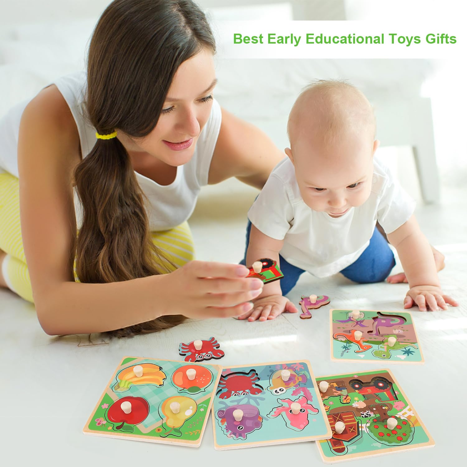 Non-toxic dyes on wooden peg puzzles for toddlers