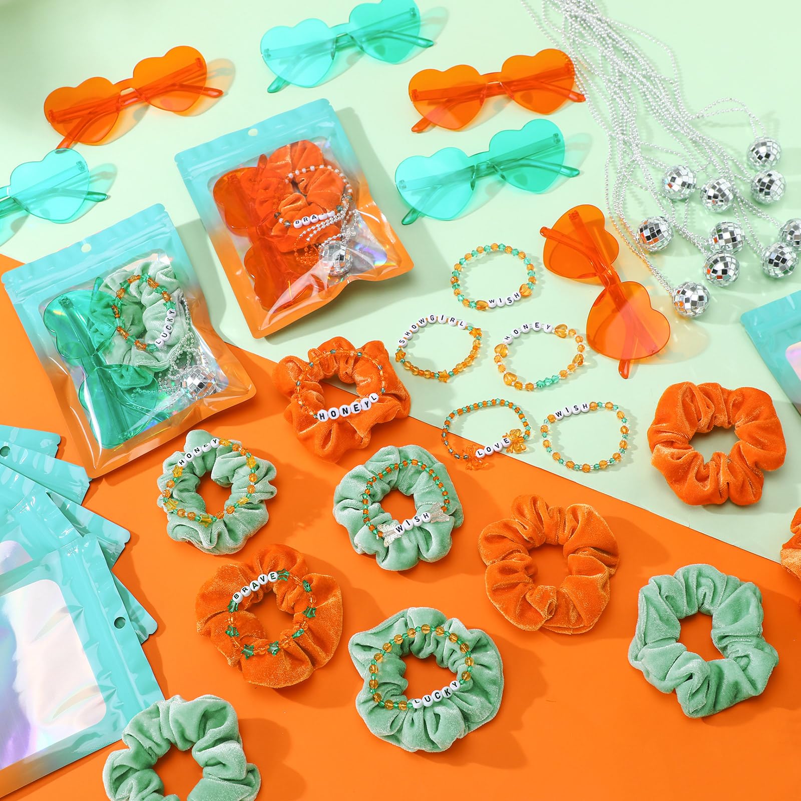 Velvet hair ties orange and light green