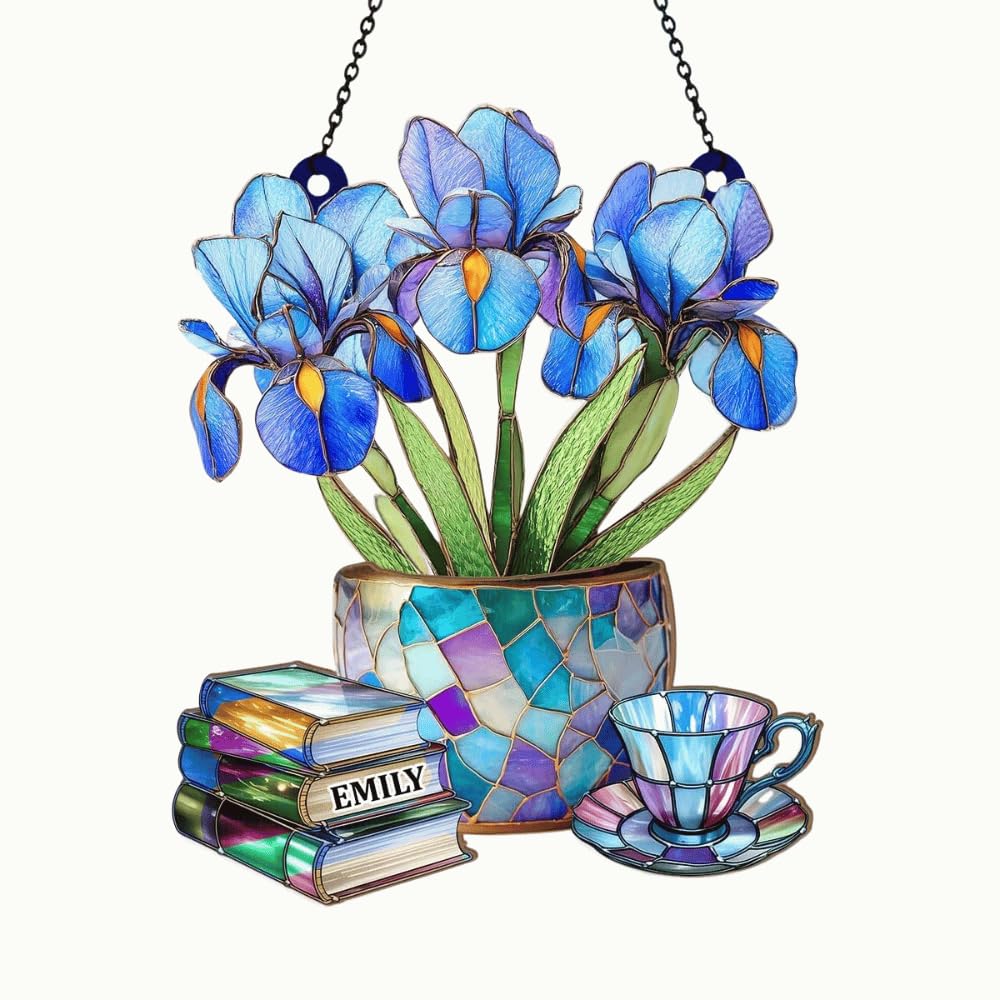Nostalgic Iris Books And Tea sun catcher hanging in window