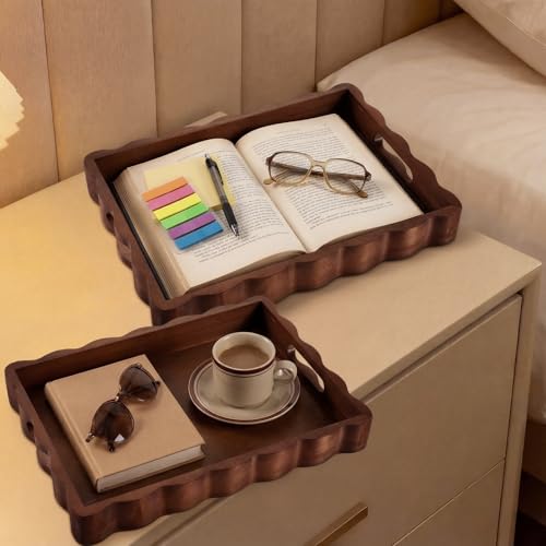 Scalloped edge wood tray with handles for coffee table