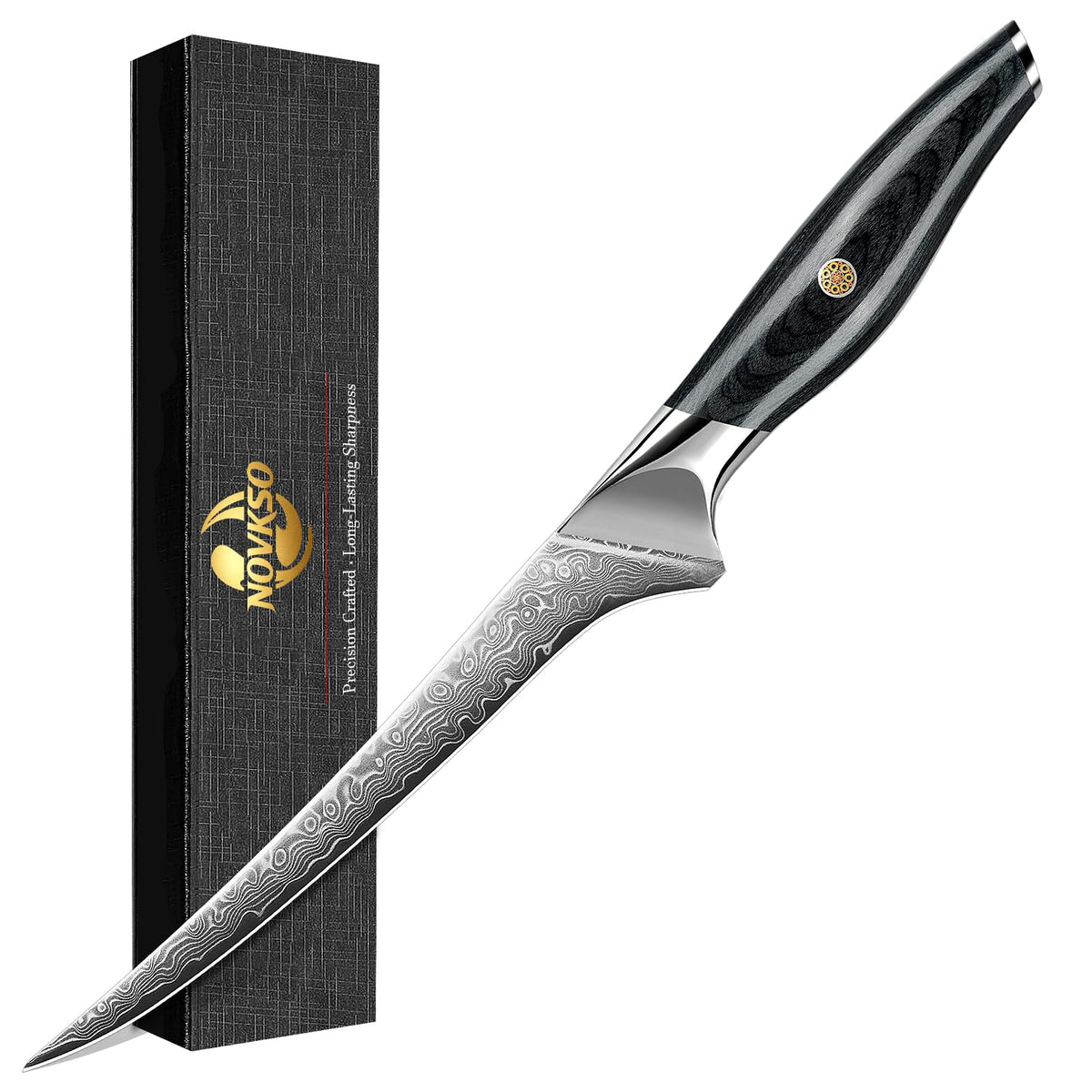 NOVKSO 7 Inch Real Damascus Fillet Knife with olive wood handle mosaic pin