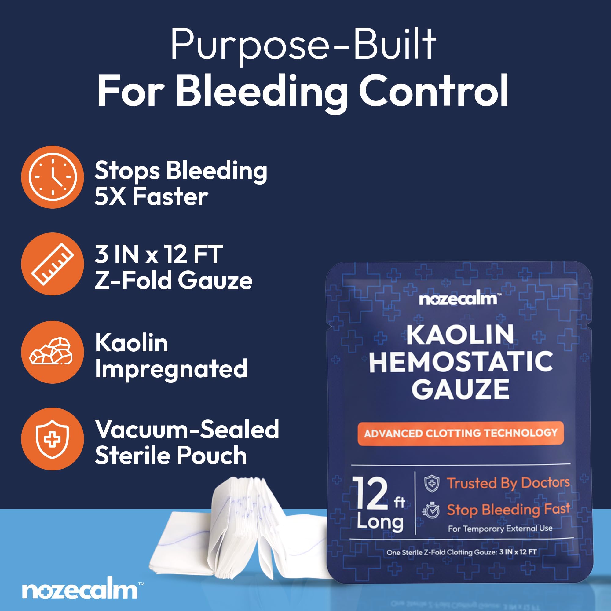 NozeCalm Kaolin Hemostatic Gauze 3 Inch x 12 ft in first aid kit