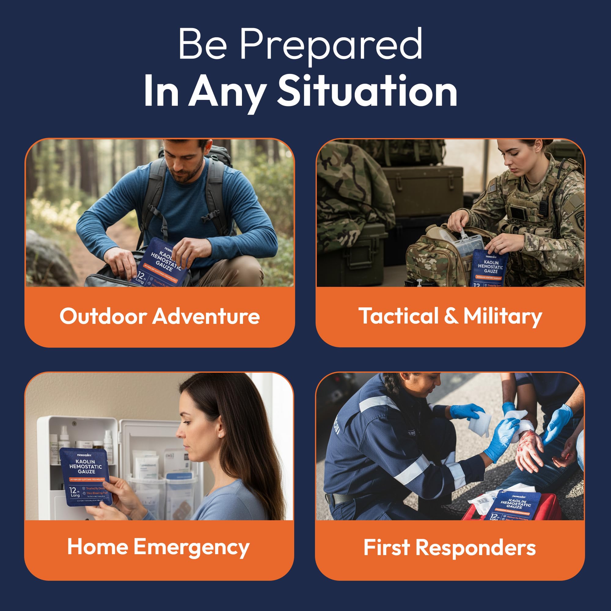 First aid trauma kit includes NozeCalm gauze for bleeding control