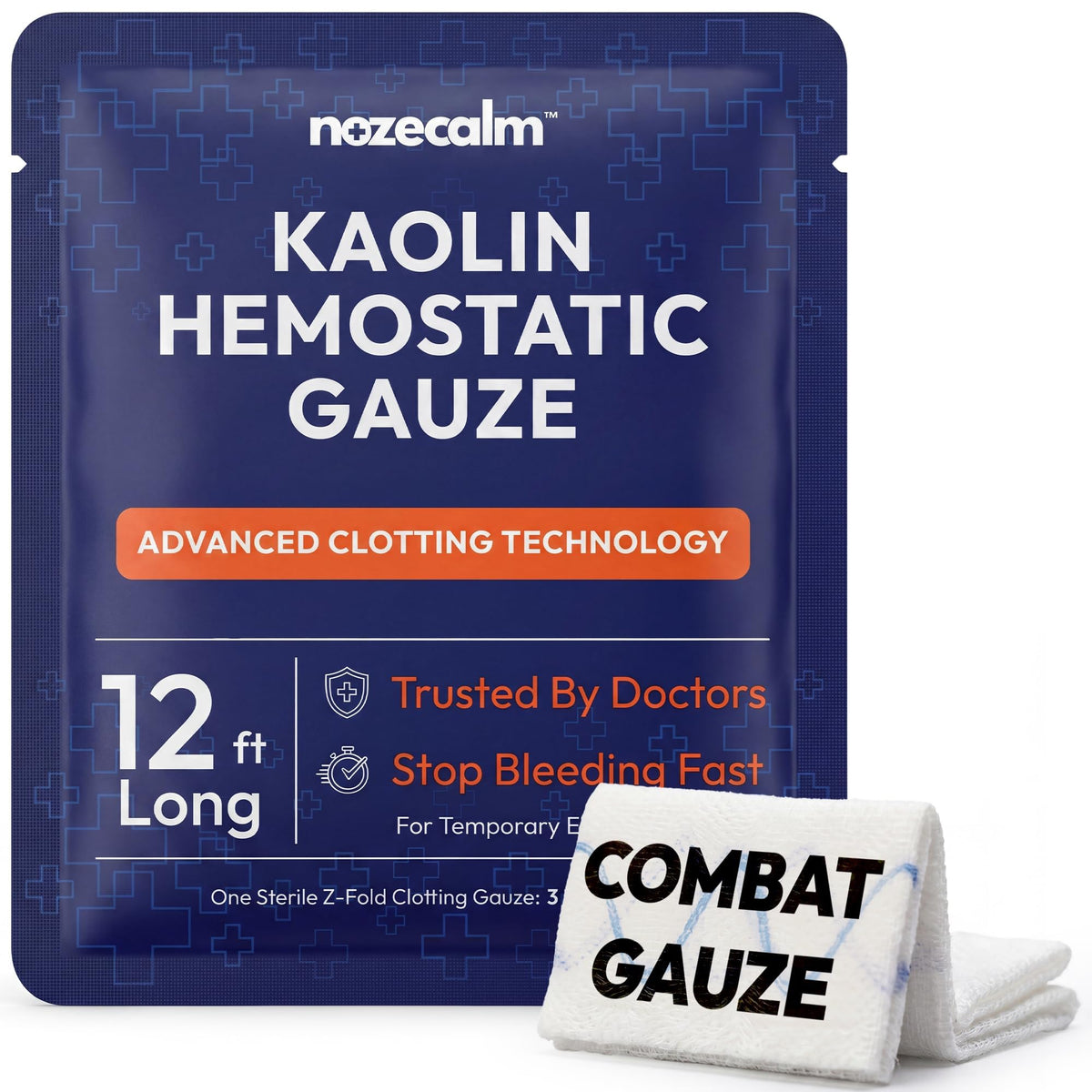Product packaging for NozeCalm Kaolin Hemostatic Gauze showing 12 ft length