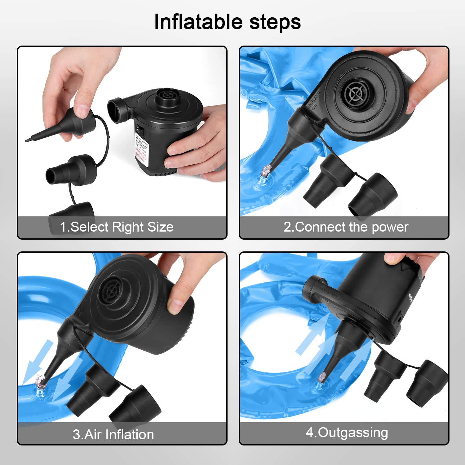 Three nozzle sizes for small toys, small-hole airbeds, and large inflatables