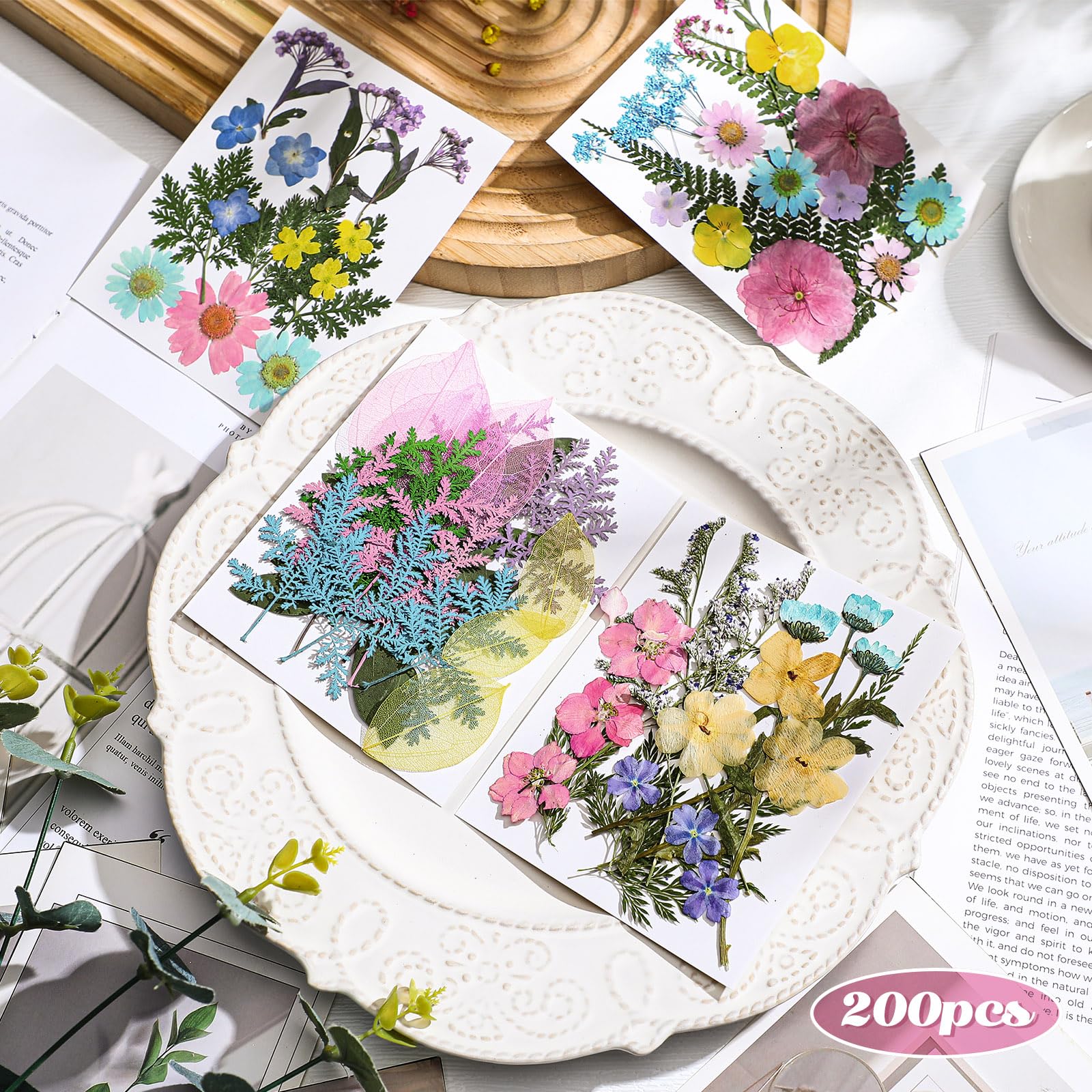Real dried flowers and leaves in pastel tones