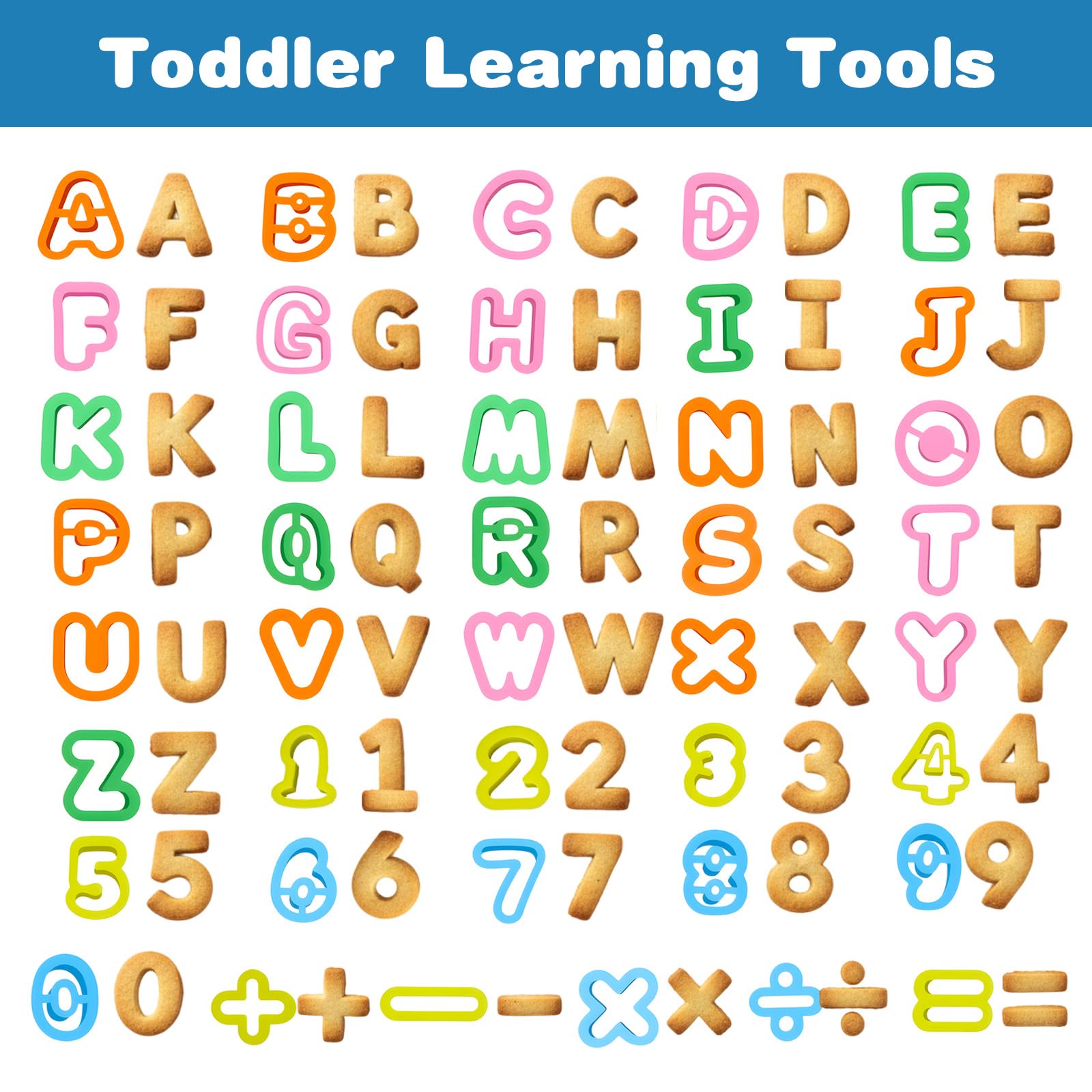 Mathematical symbols included in Alphabet Playdough Cutter Set plus minus times divide equals