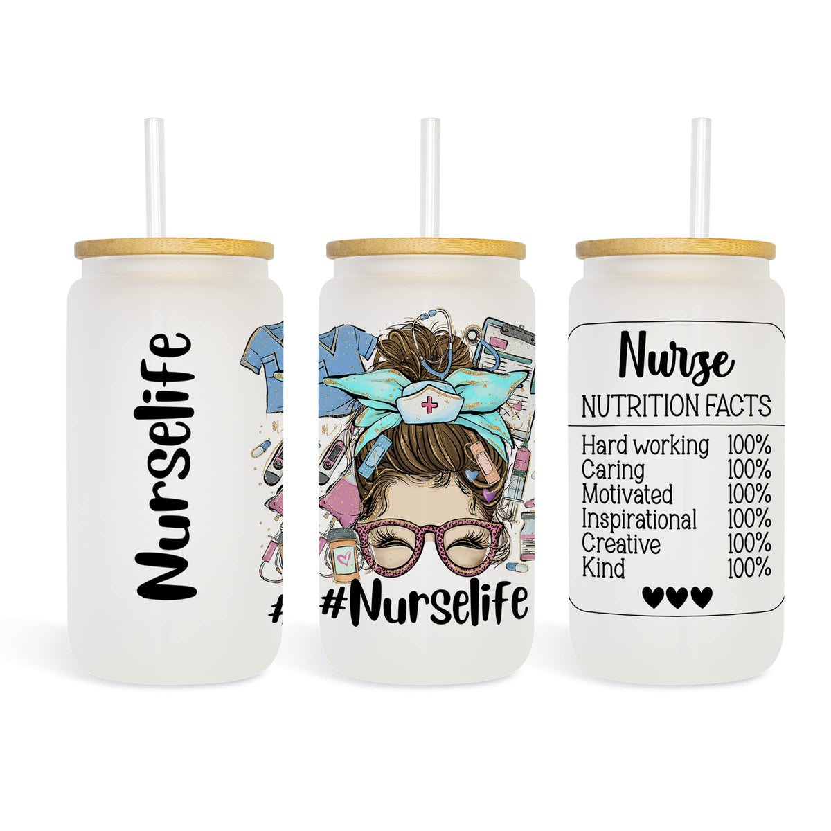 Nurse Life 16oz frosted glass tumbler with bamboo lid and straw