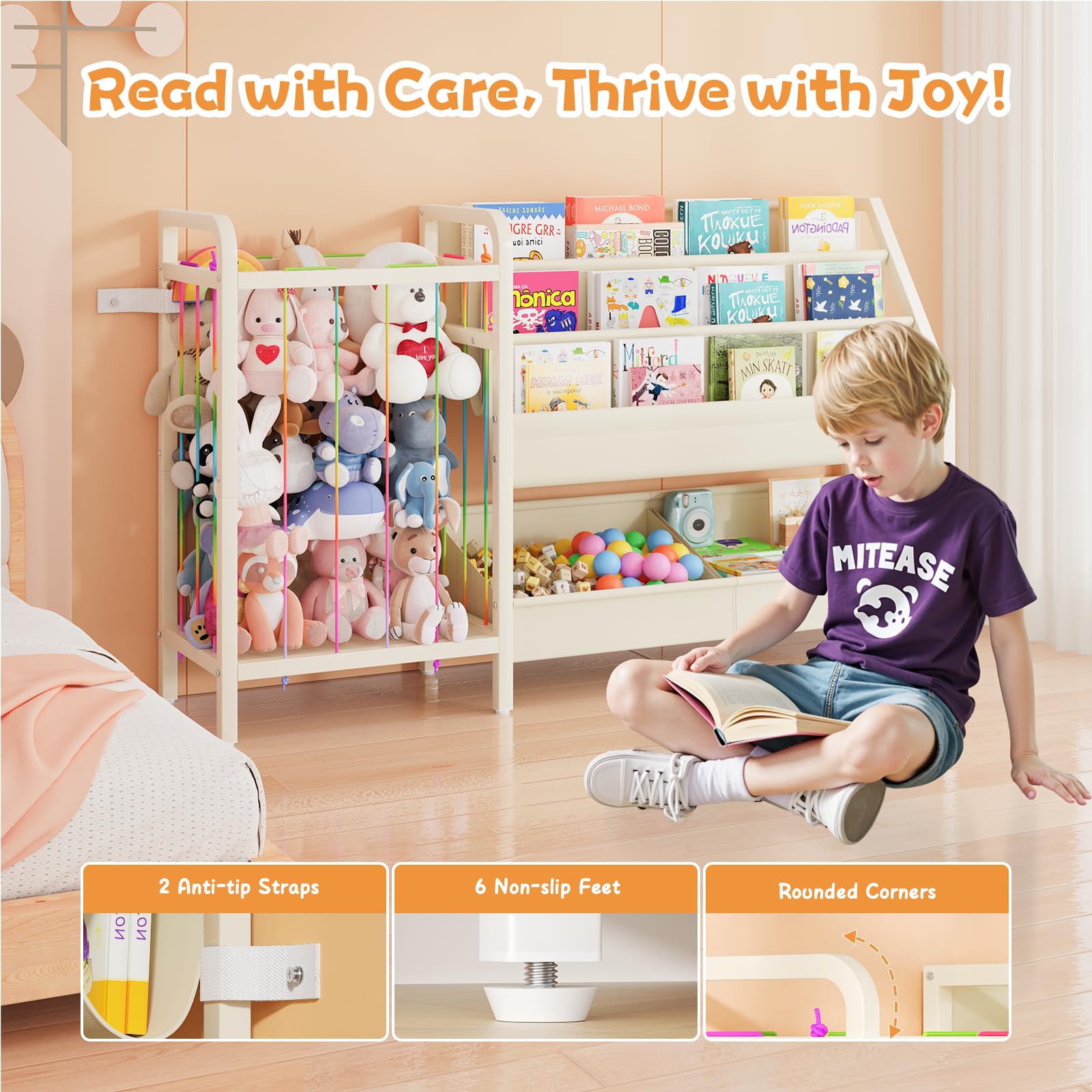 Nursery playroom bookcase storage arrangement