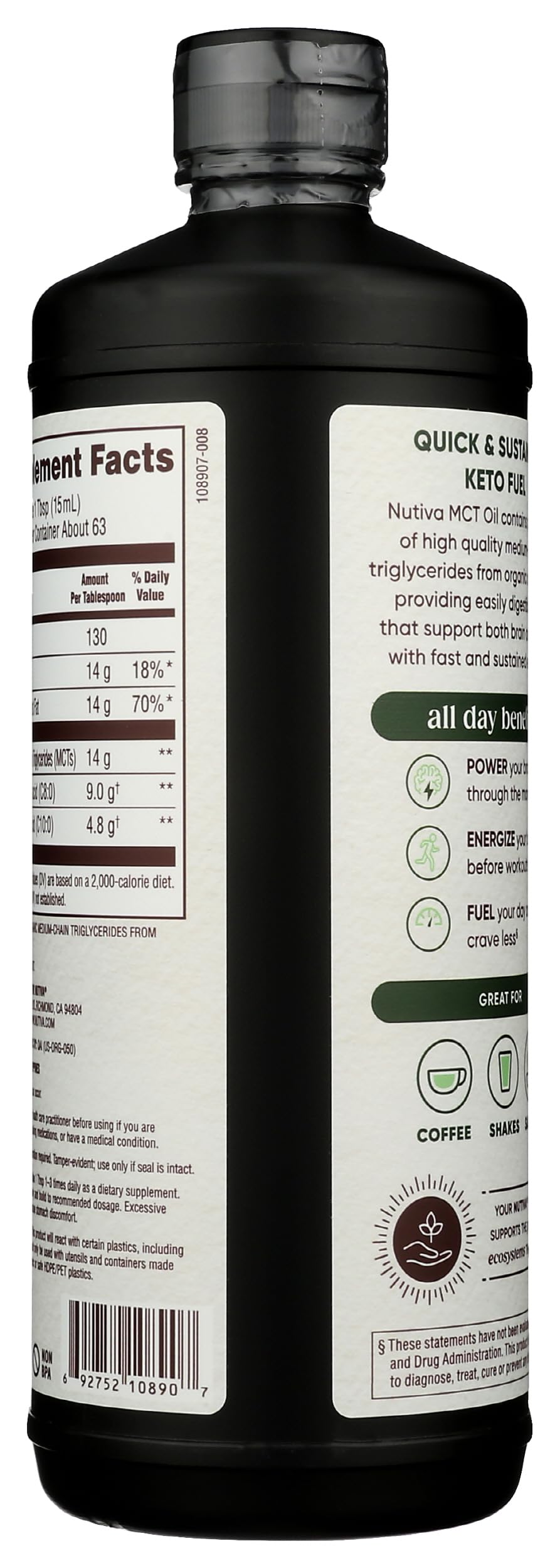 Nutiva Organic MCT Oil unflavored 32 oz bottle