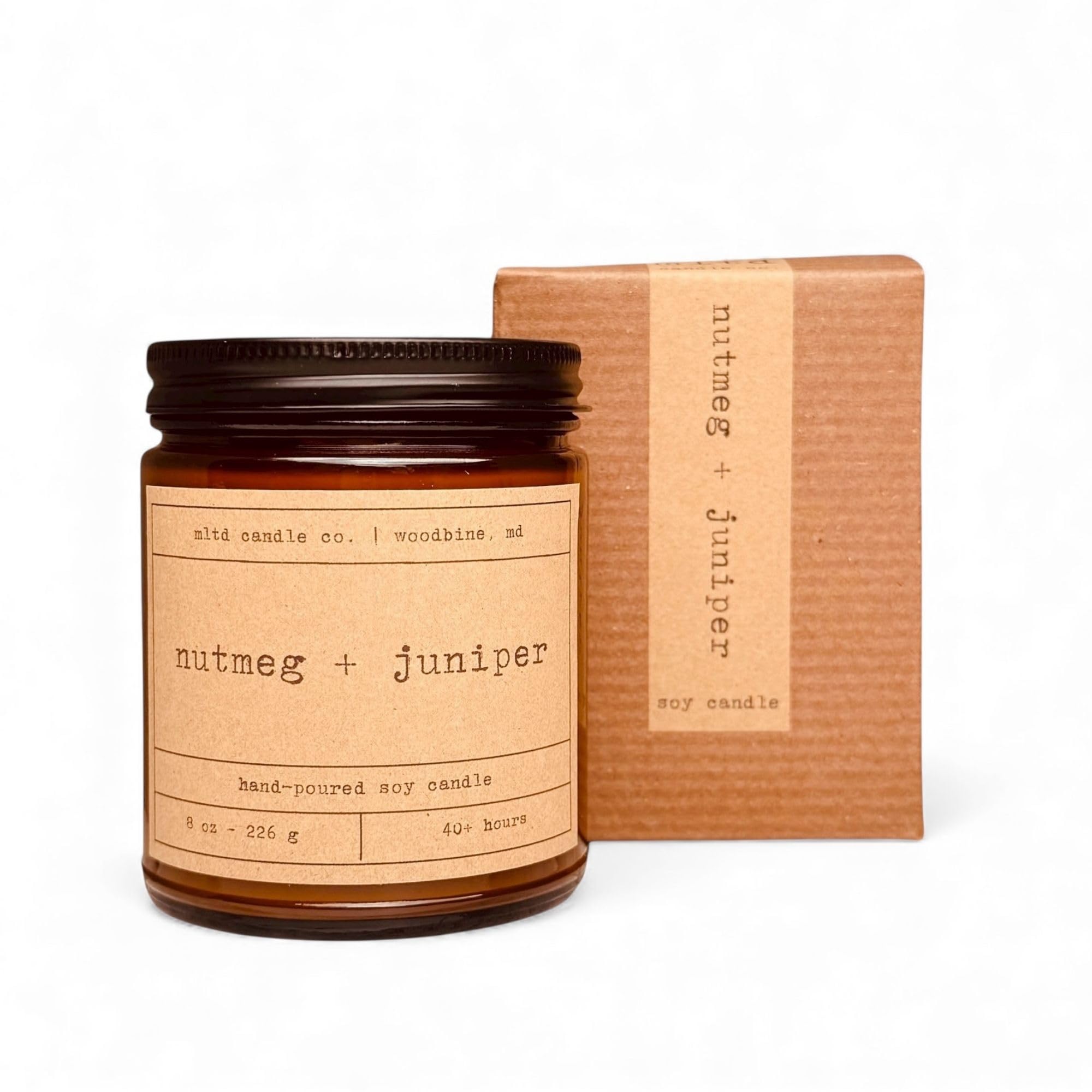 Nutmeg + Juniper Soy Candle 8 oz amber jar with cotton wick