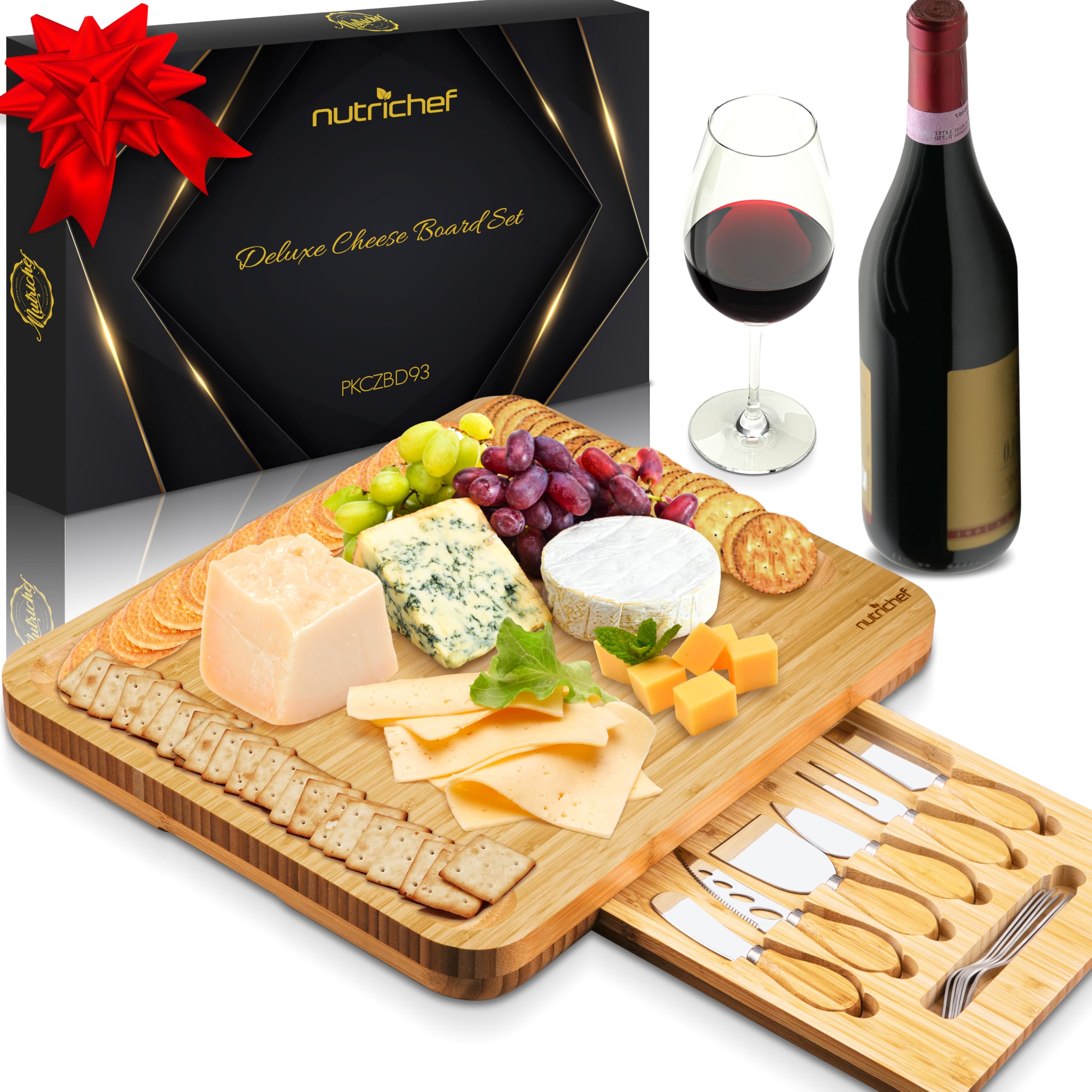 NutriChef organic bamboo cheese board set with 13 inch diameter charcuterie board