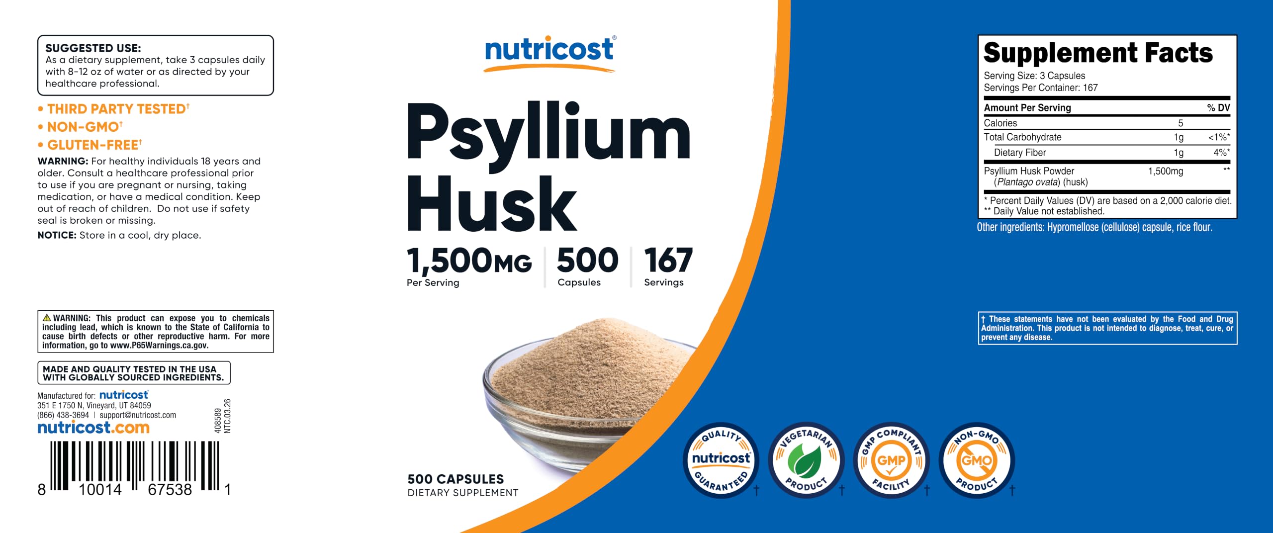 Psyllium husk supplement Nutricost gluten free GMO-free 500 capsules