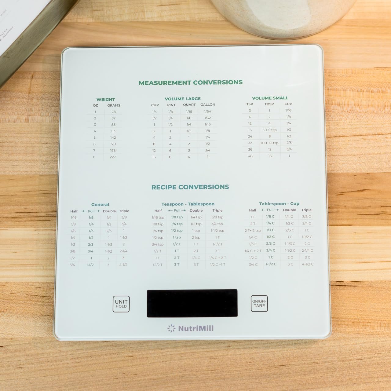Tare function allows weighing multiple ingredients in one bowl
