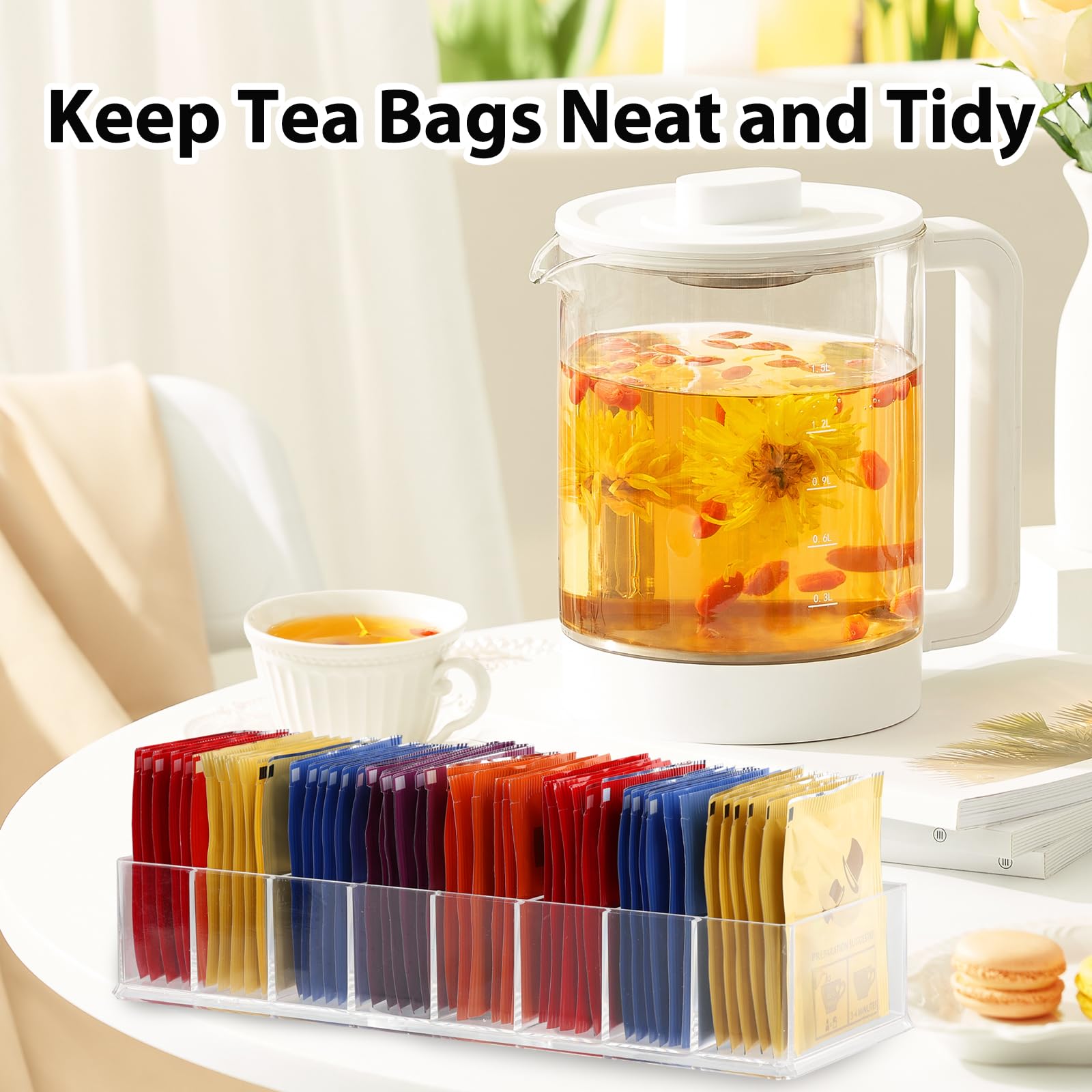 Narrow drawer friendly tea bag organizer