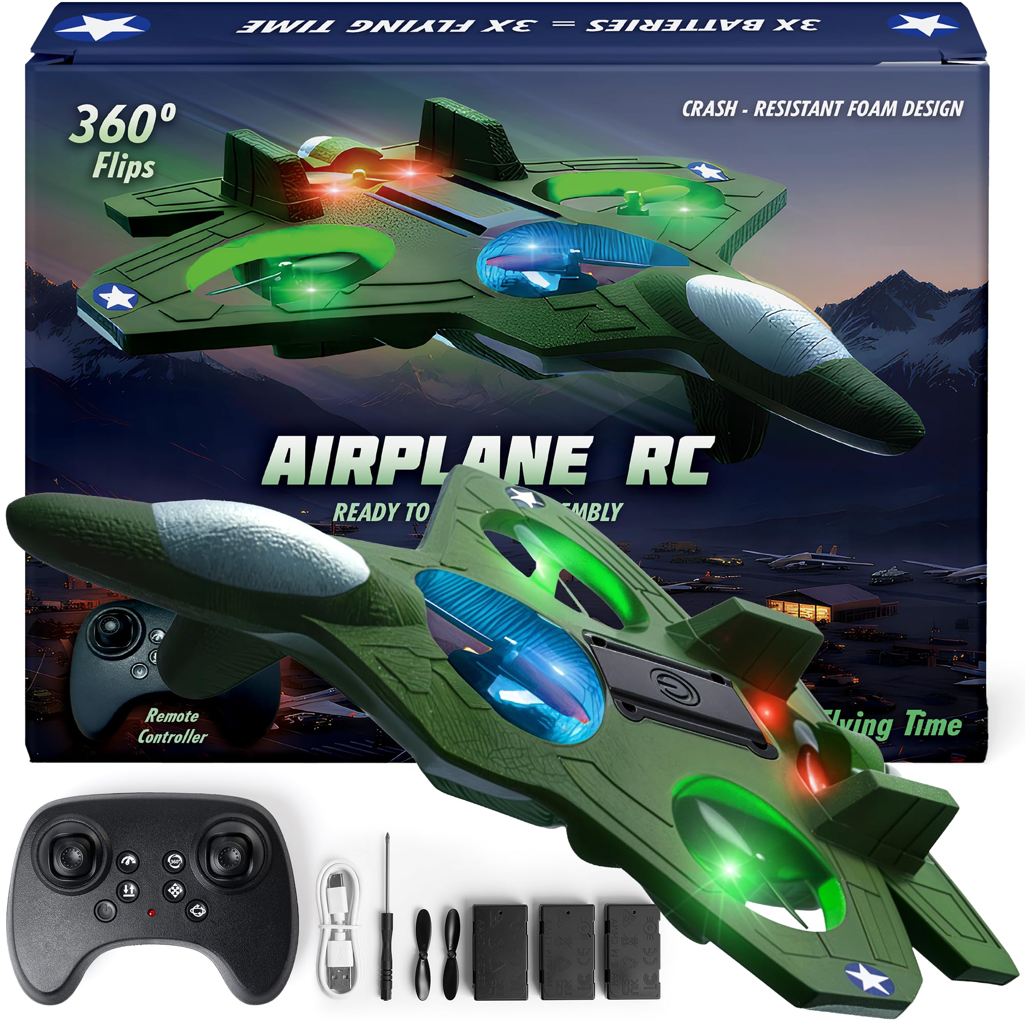 Nutty Toys RC Stunt Airplane for kids ages 8-12 army green design