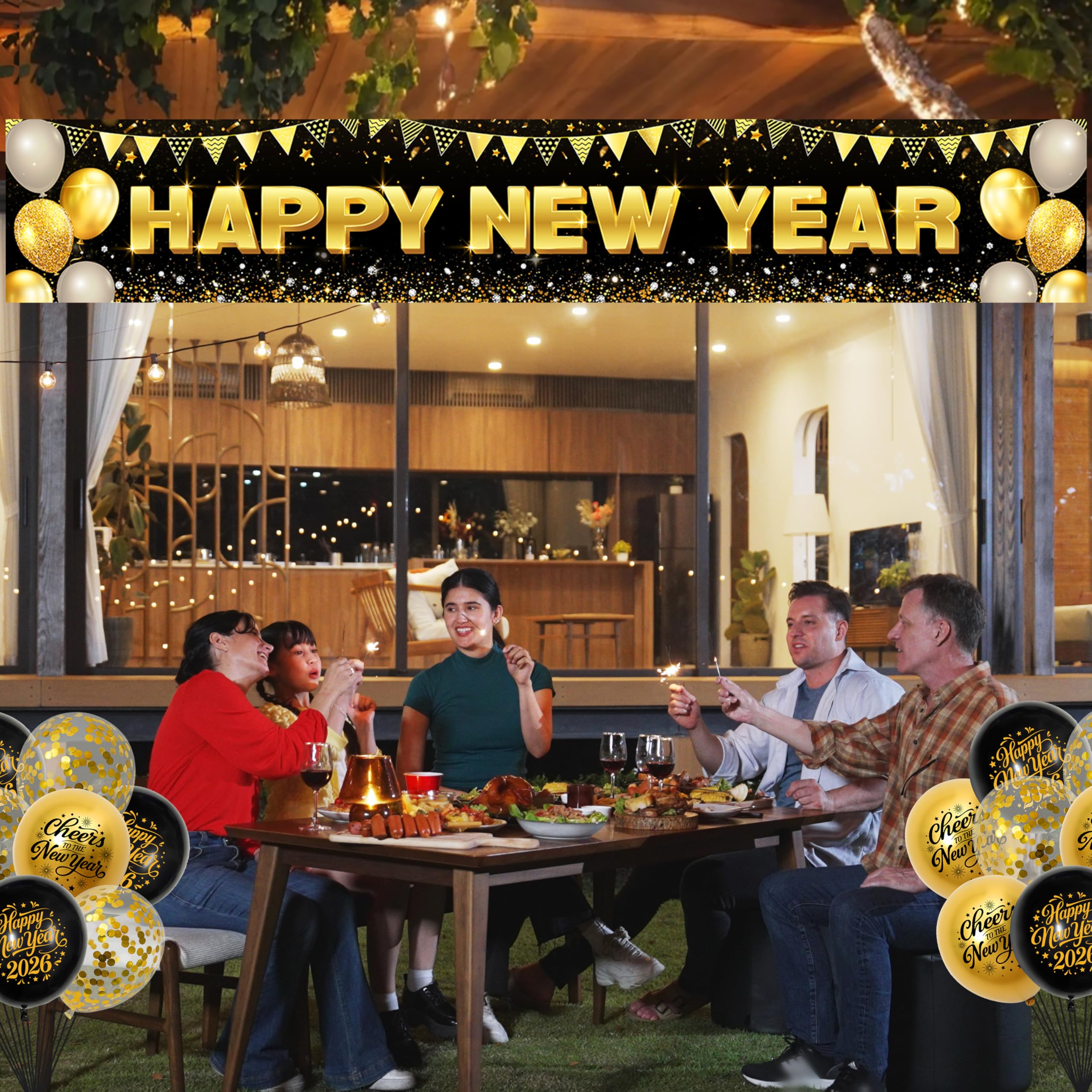 New Year decorations 2026 banner and balloons combo