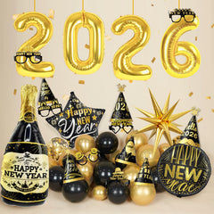 Gold foil and black balloons included in the kit