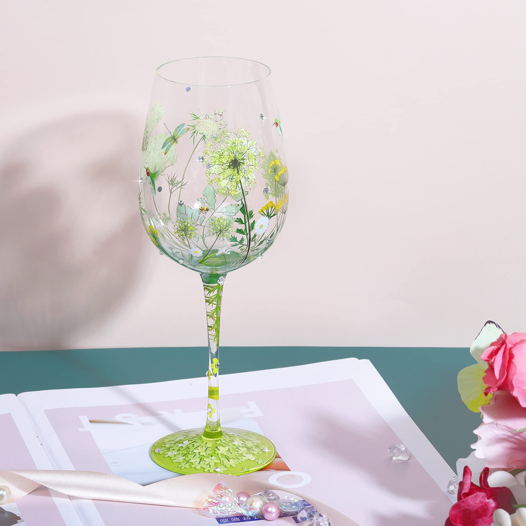 NymphFable flower bird Gragonfly wine glass hand-painted