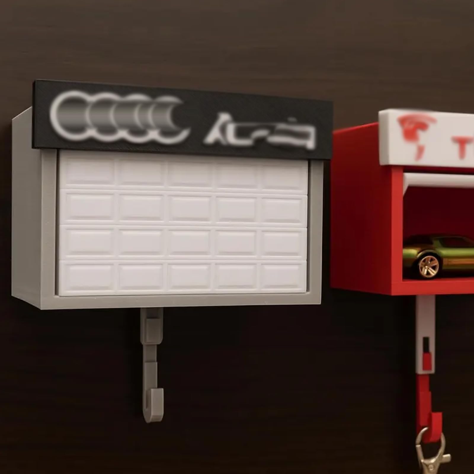 Open mini garage reveals hidden toy car display
