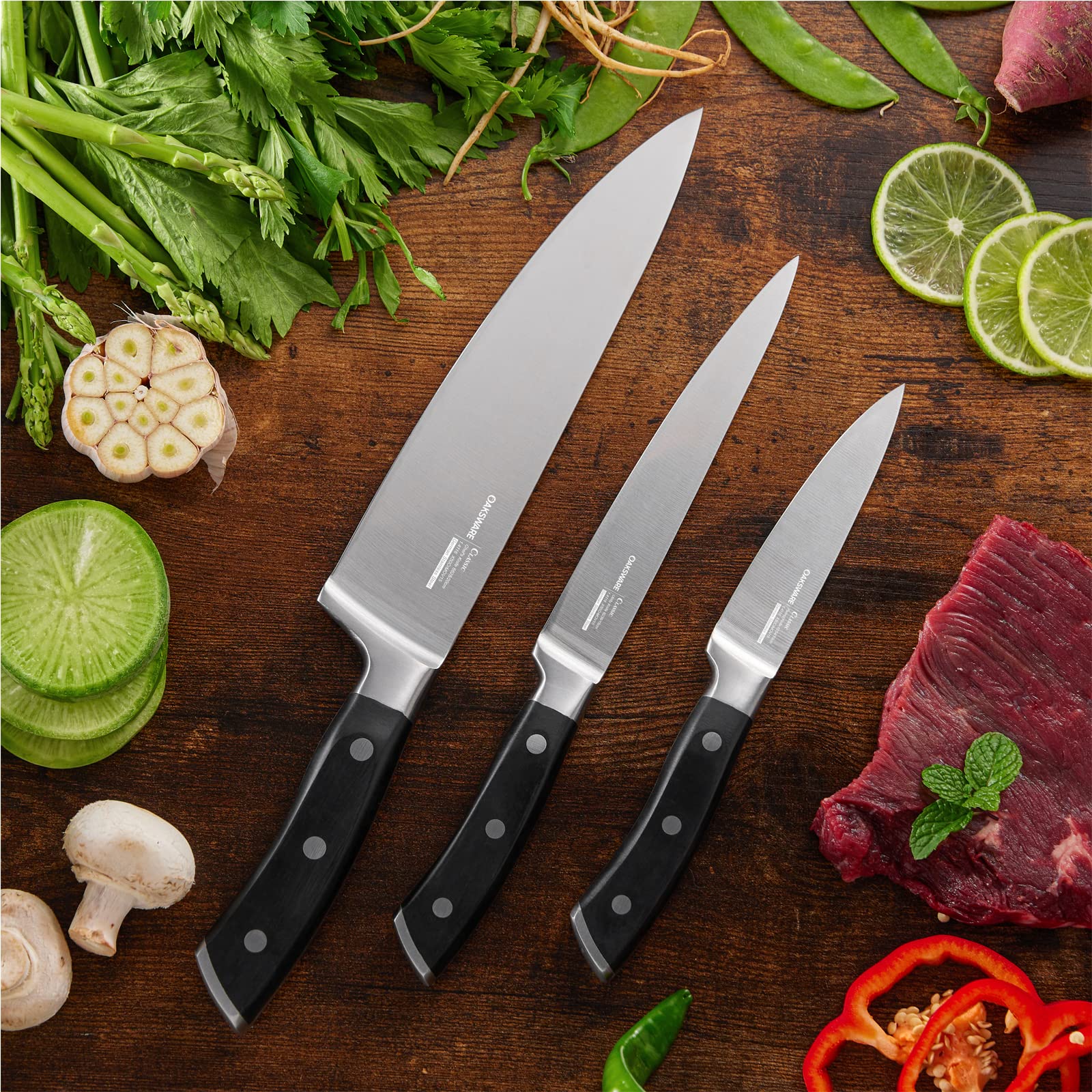 German steel blades on OAKSWARE kitchen knife set