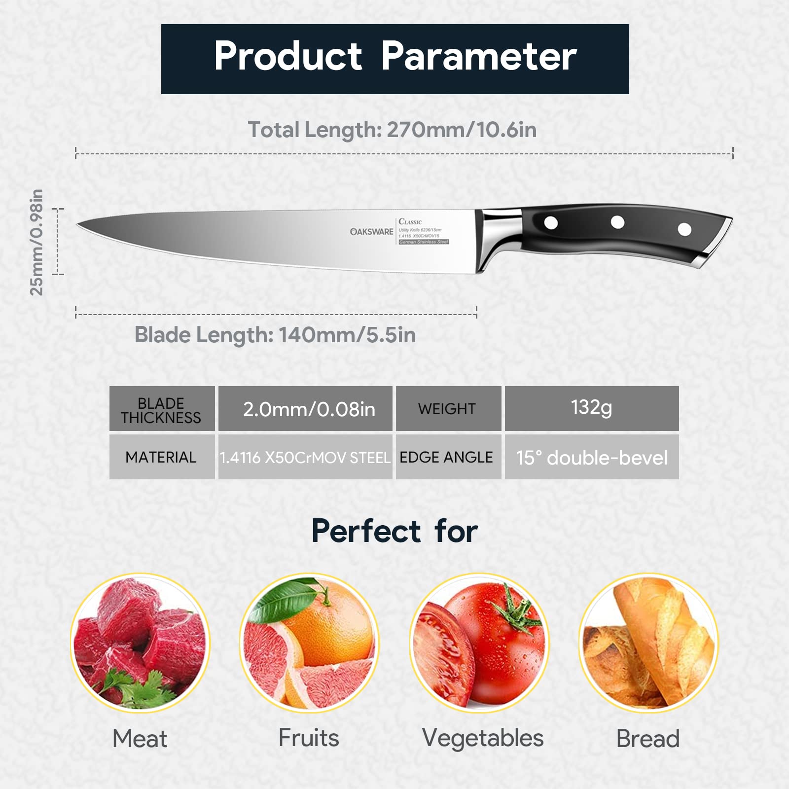 Versatile utility knife for fruit vegetables bread and meat prep