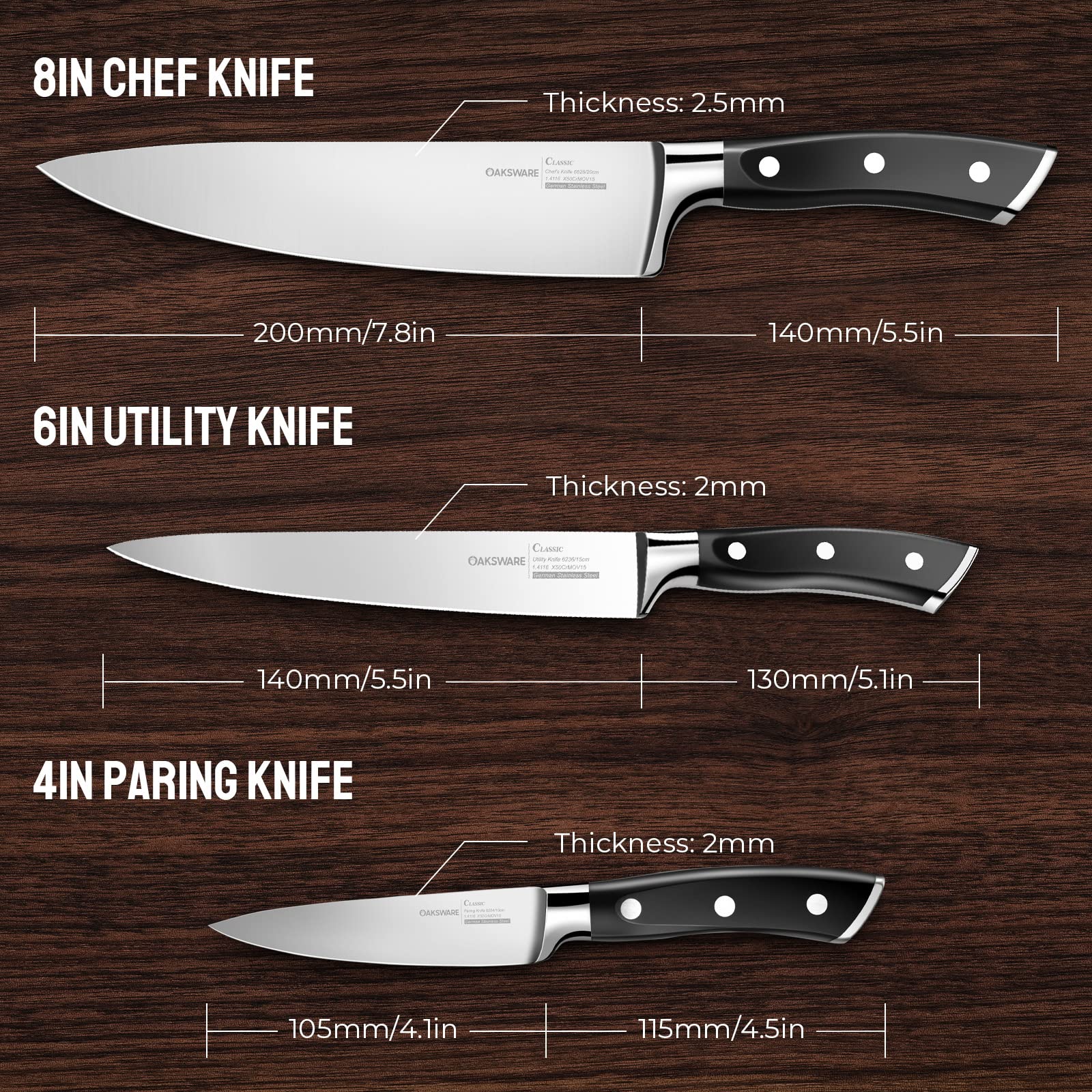 OAKSWARE 3-piece kitchen knife set packaging photo
