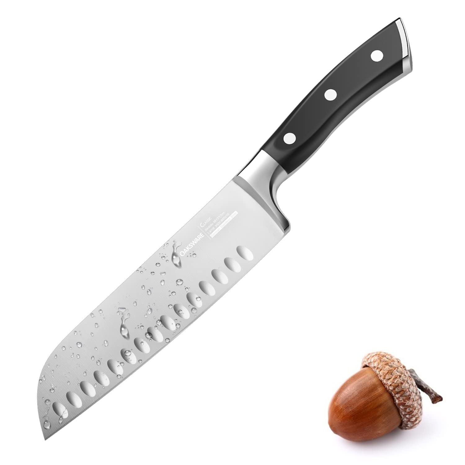 OAKSWARE 7 inch Santoku Knife blade close up