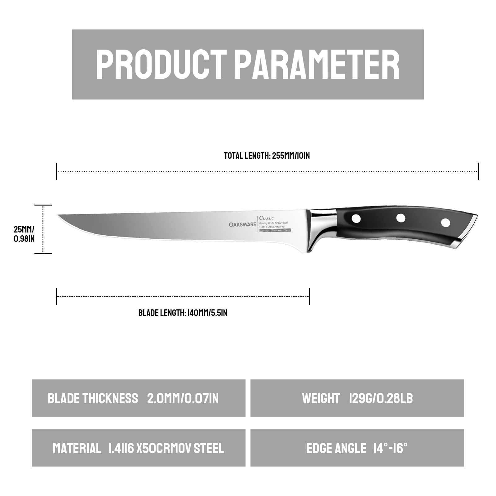 Easy care design keeps counters clean with OAKSWARE Pro Boning Knife