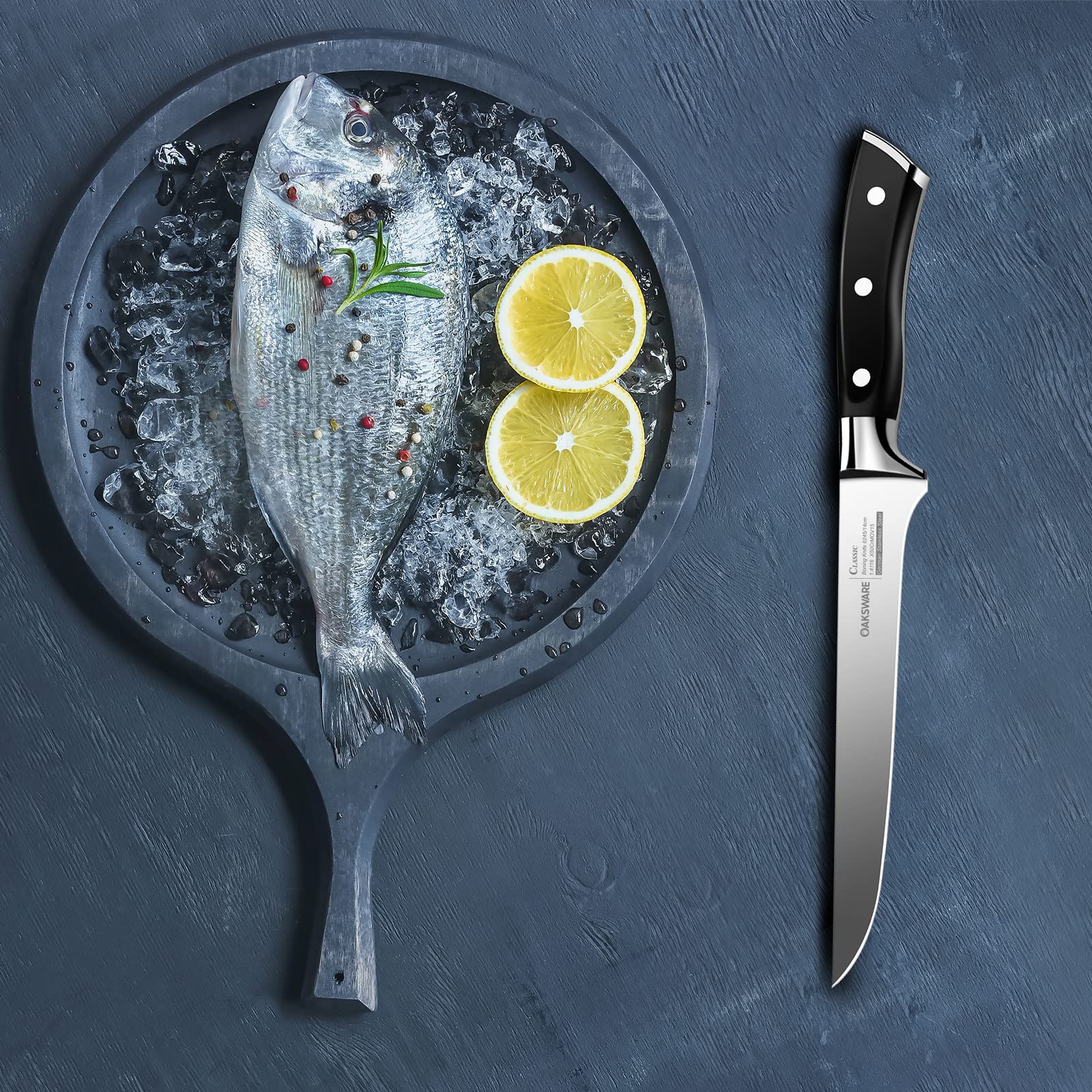 Ergonomic triple-rivet full-tang handle on OAKSWARE Pro Boning Knife