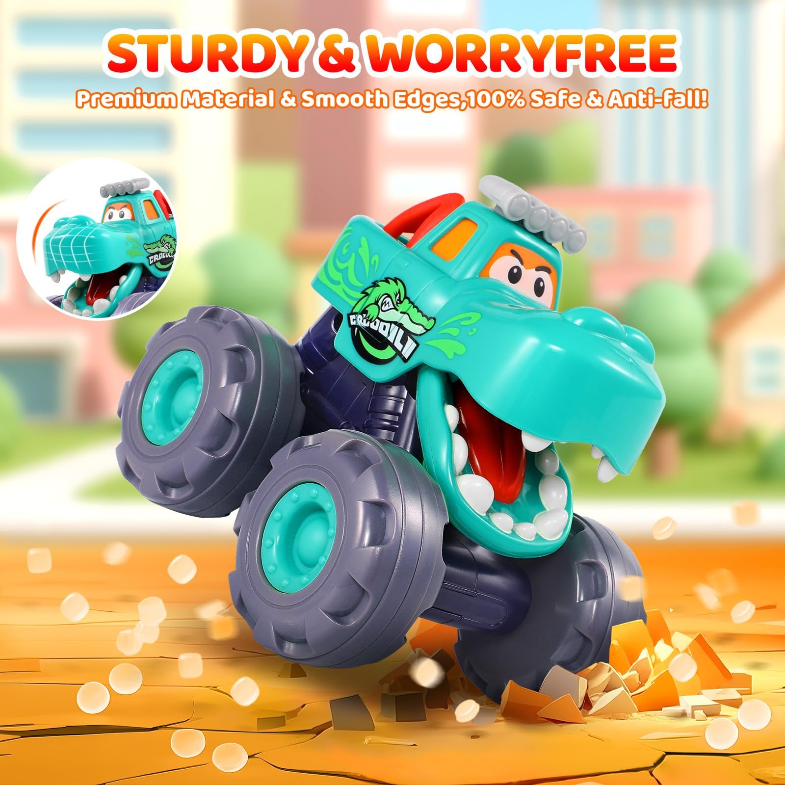 Top button opens mouth feature on OCATO monster truck toy
