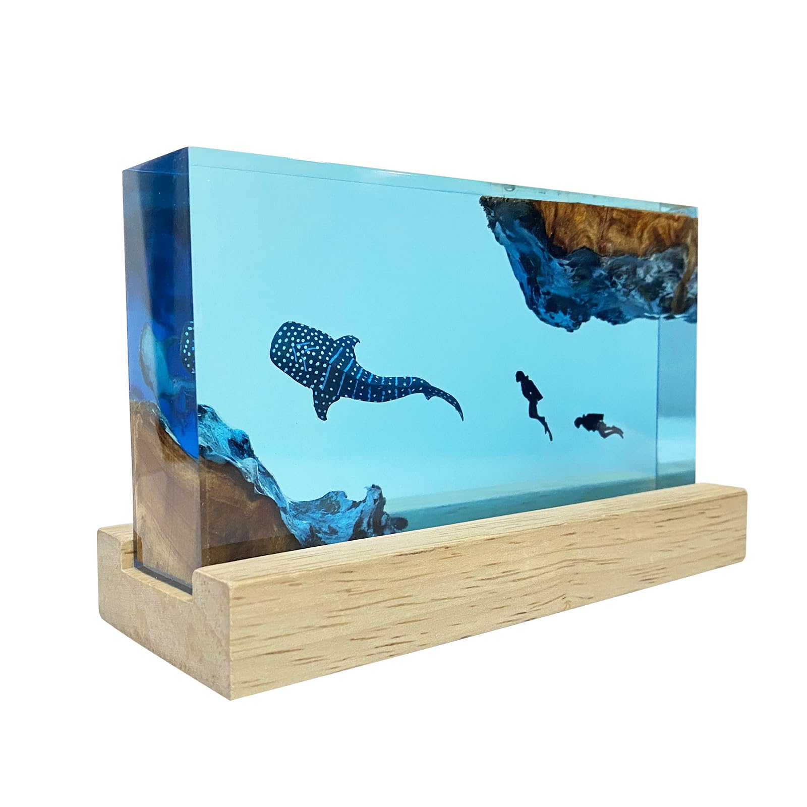 Ocean landscape night light with epoxy resin base and wood accents