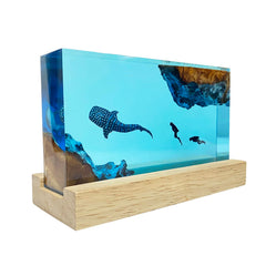 Ocean landscape night light with epoxy resin base and wood accents
