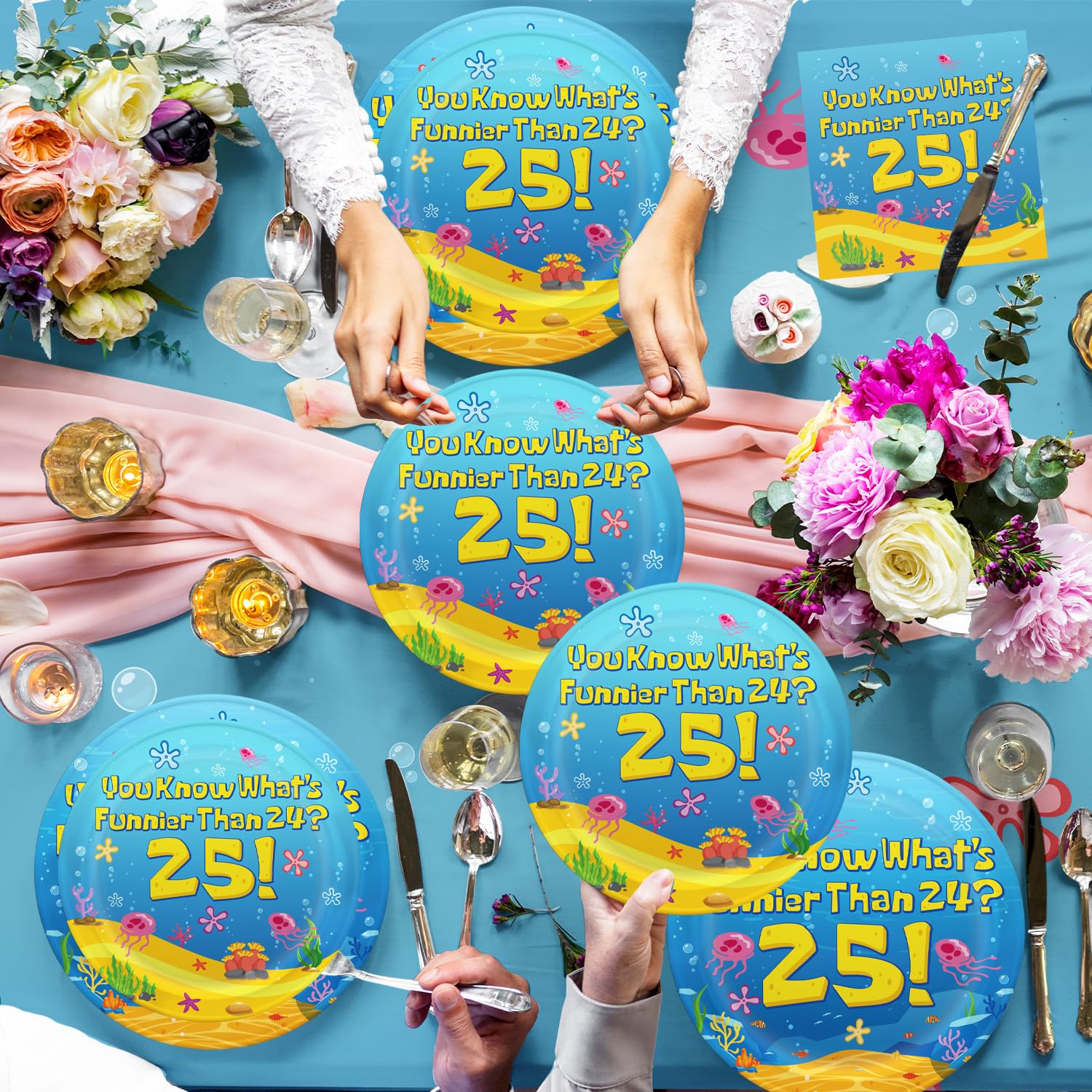 12 cupcake toppers and a cake topper with ocean motif