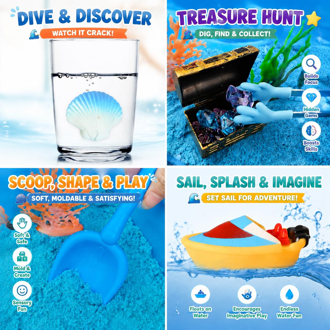 Ocean toys for kids with a hatching seashell and gems