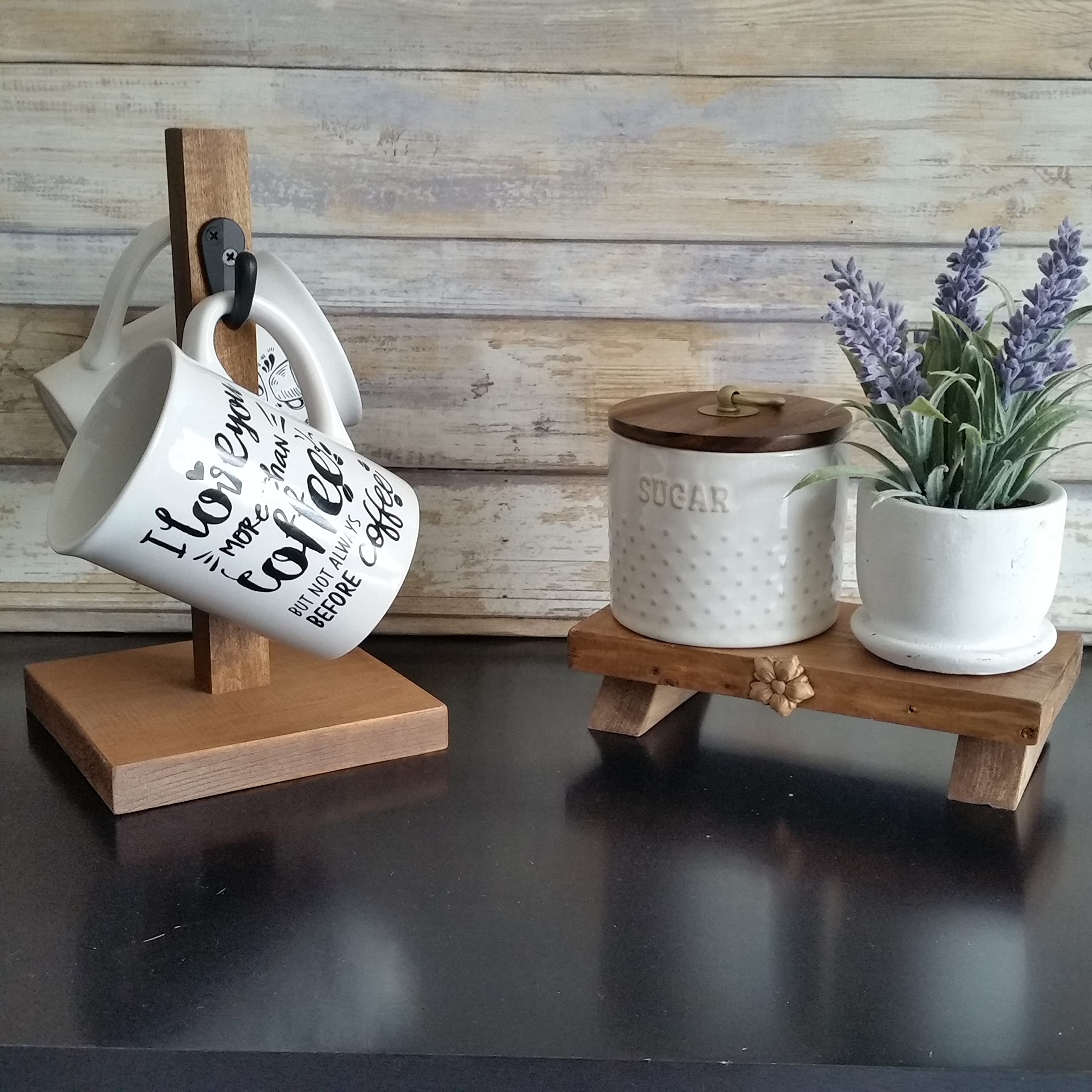 Office desk setup with rustic mug stand and two hooks