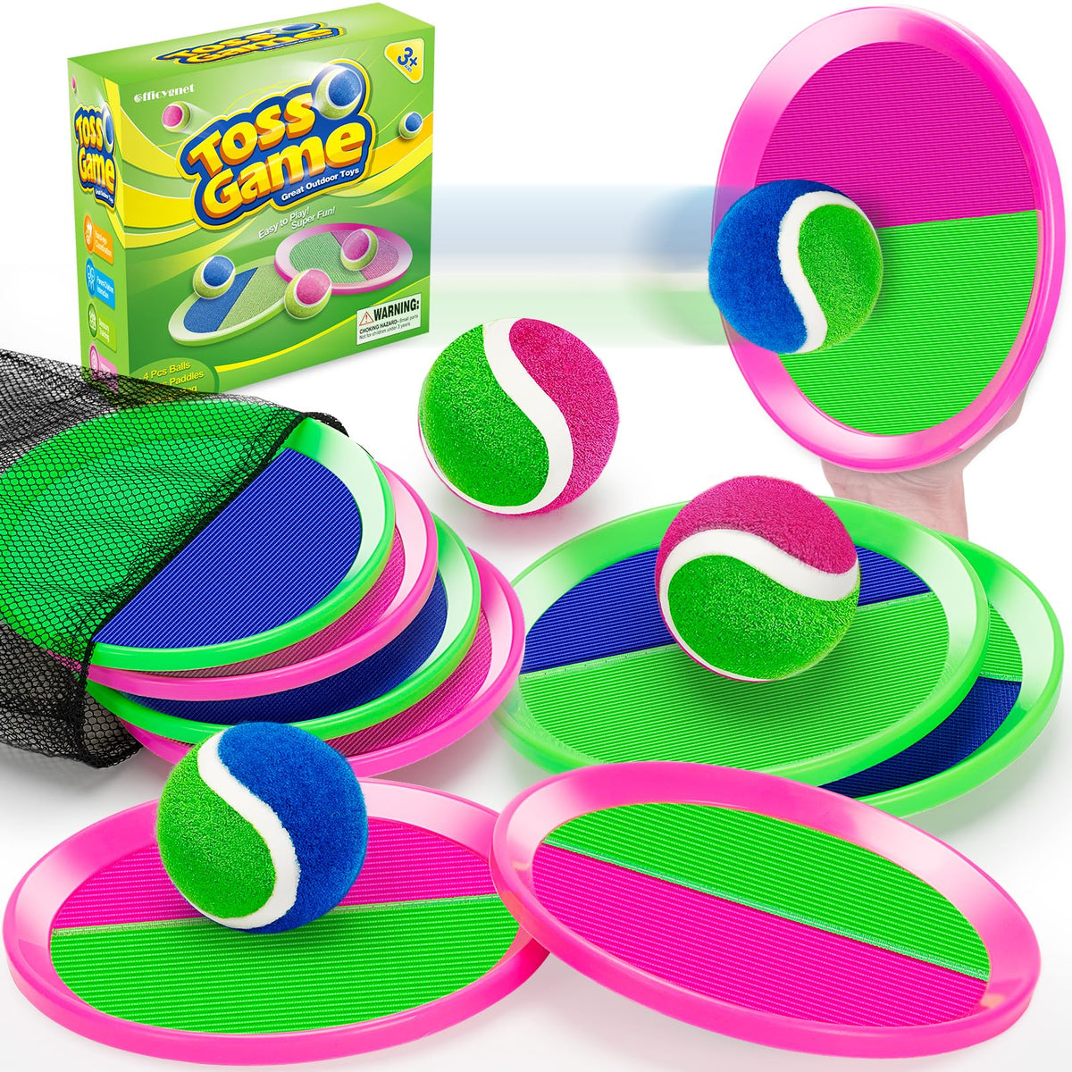 Officygnet Ball Catch Game with 2 pink and 2 green paddles