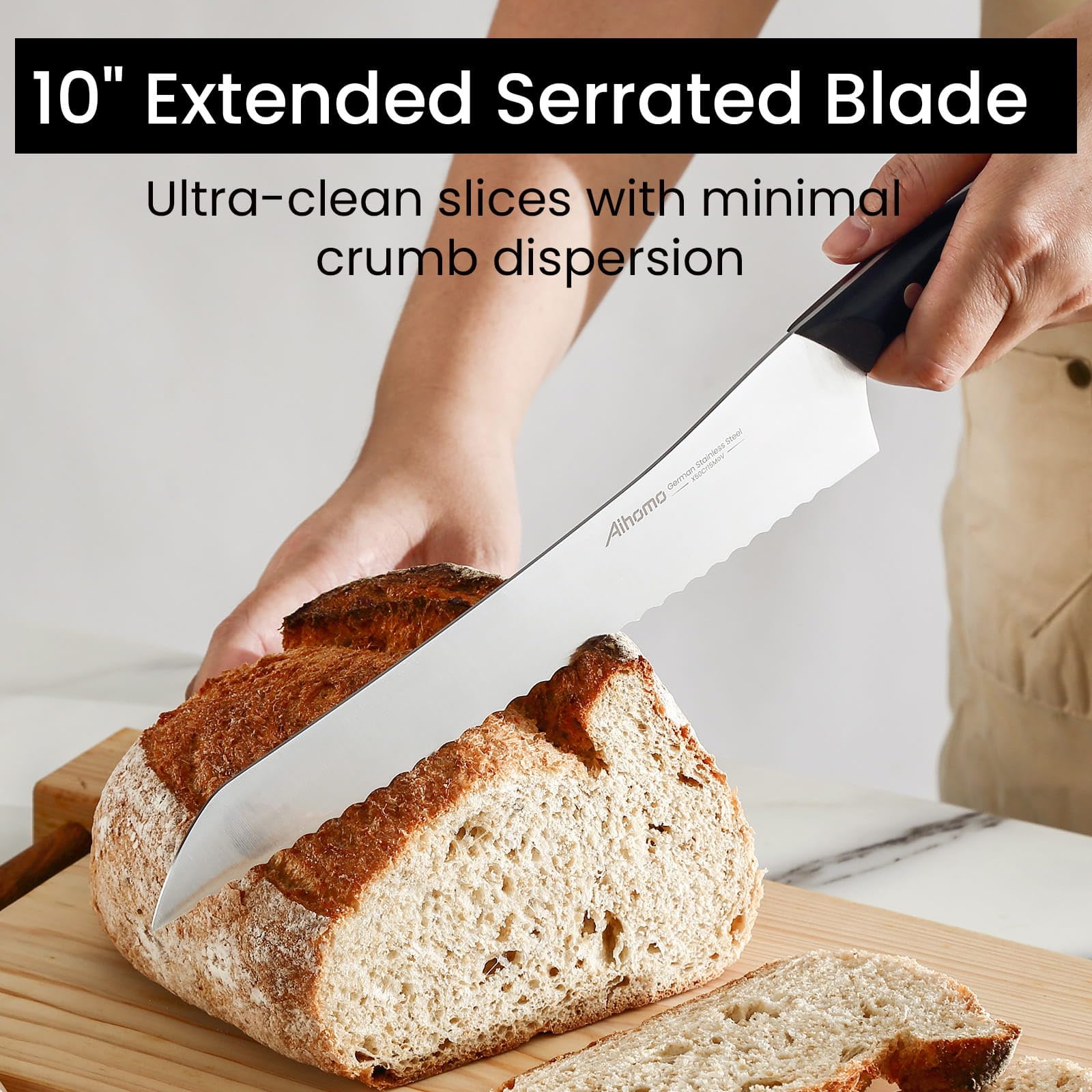Knife with offset handle and knuckle clearance for tall loaves