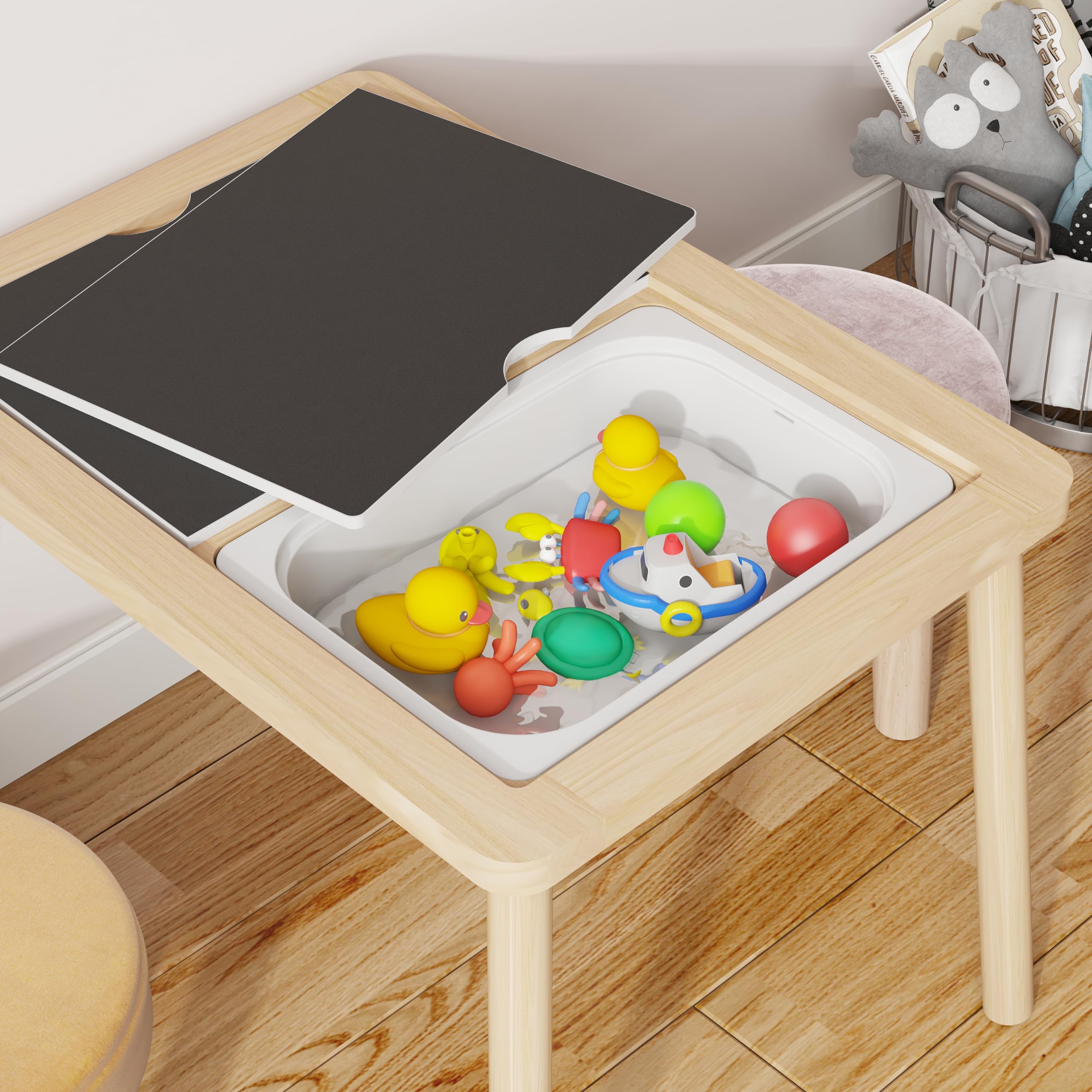 Chalkboard and whiteboard surfaces on Ogears sensory table