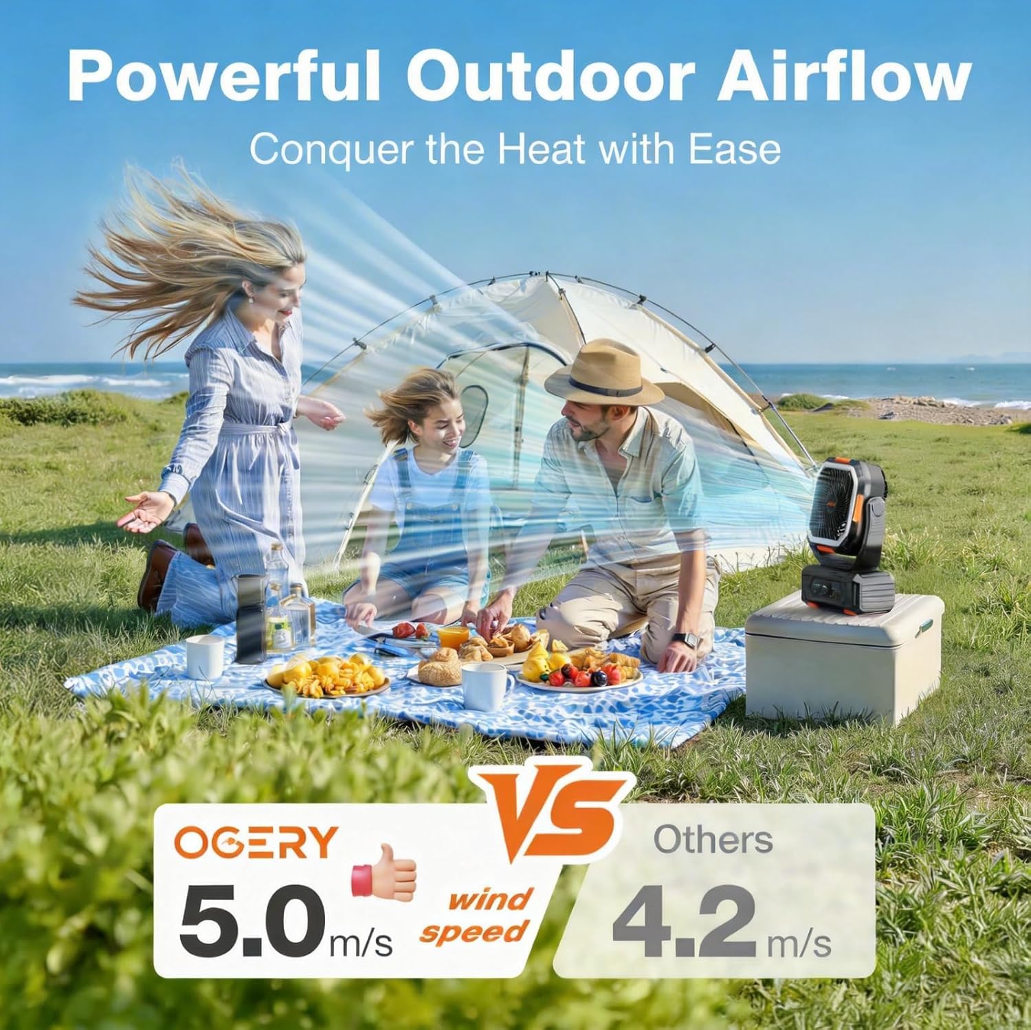 Portable camping fan with USB-C port for charging