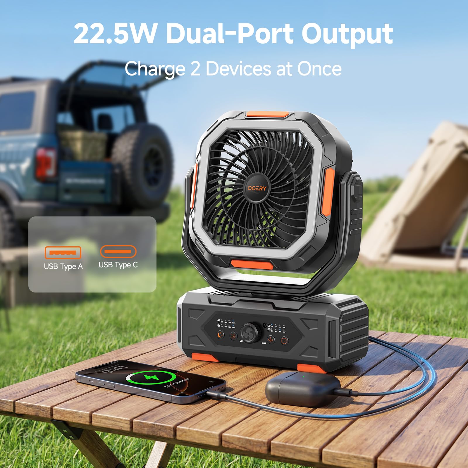 Can charge two devices while running OGERY camping fan