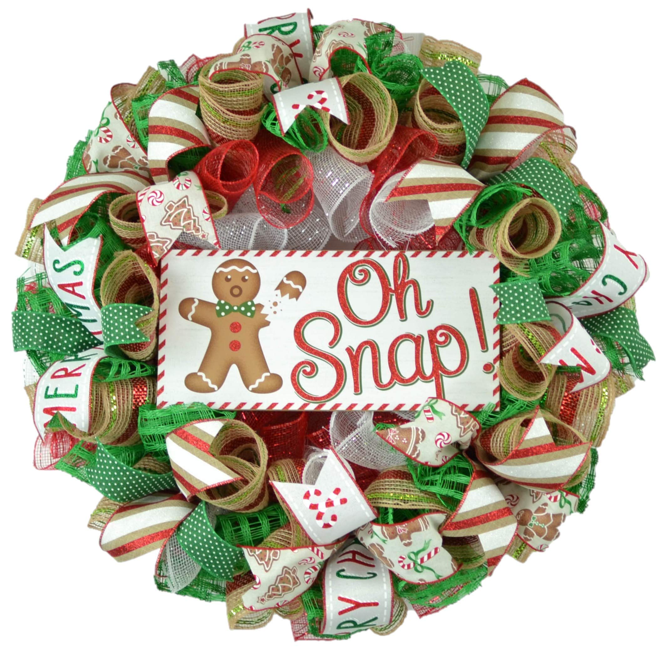 Oh Snap Gingerbread Wreath 24 inch outdoor wreath with red and white mesh