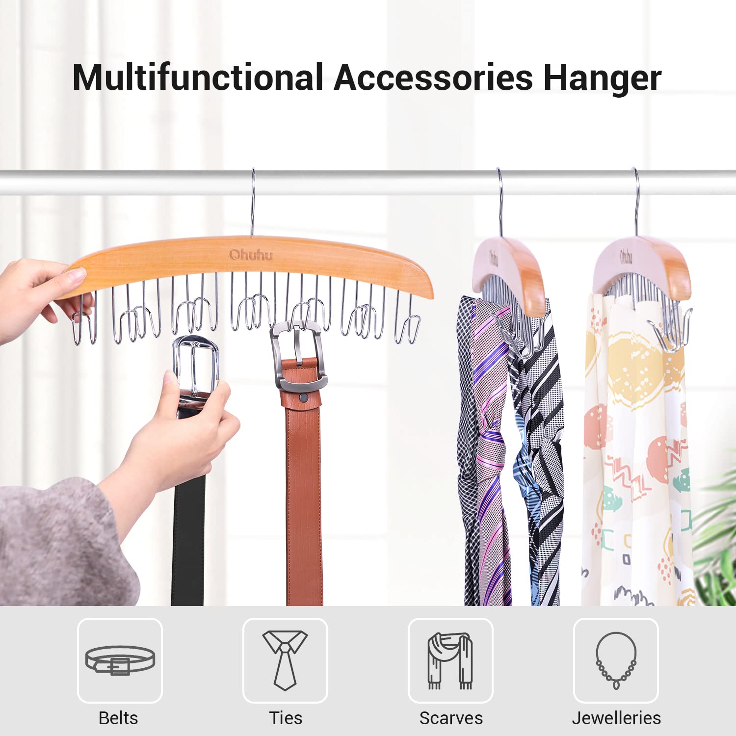Two-sided belt organizer for closet with 12 hooks