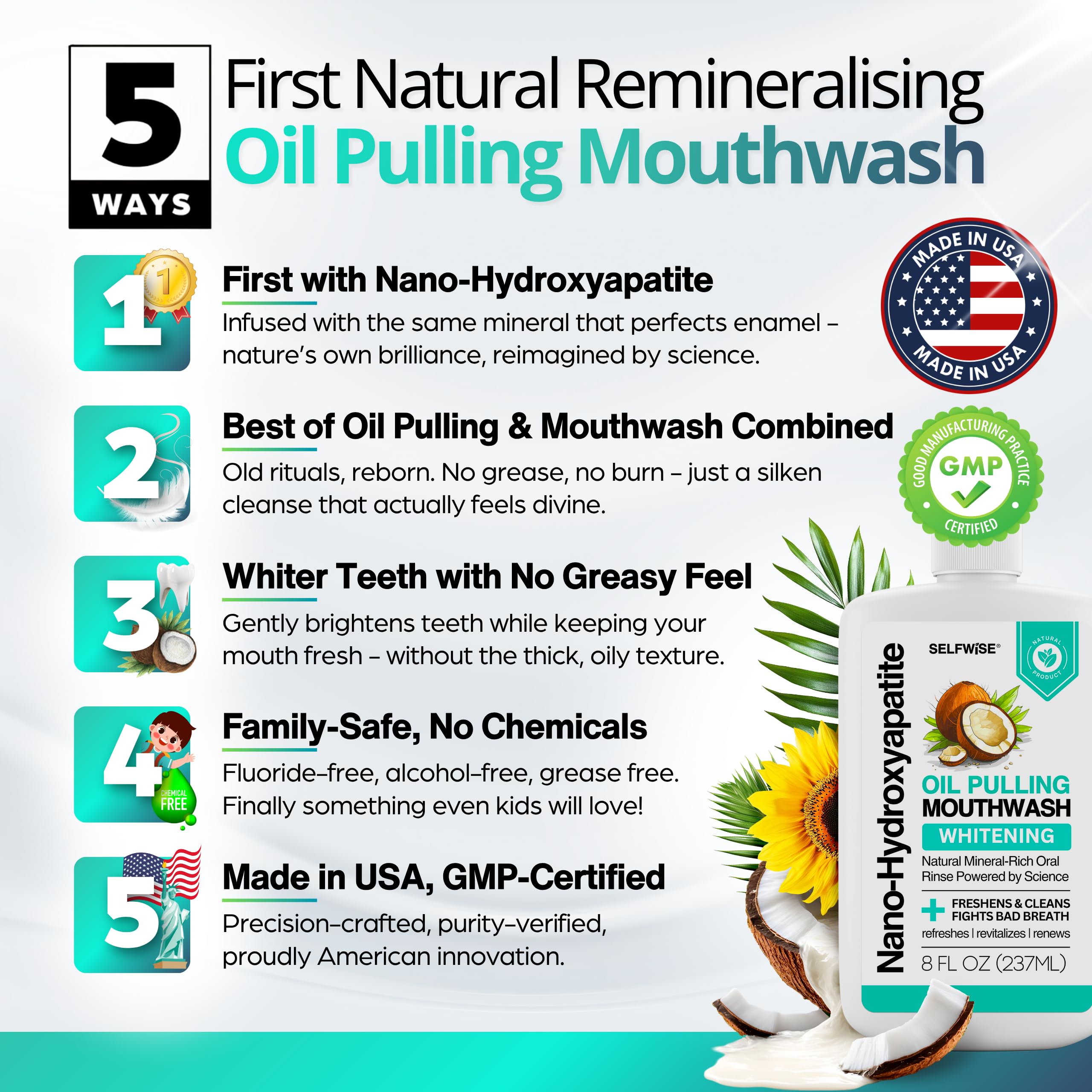 Organic fluoride-free mint mouthwash with peppermint and tea tree oil