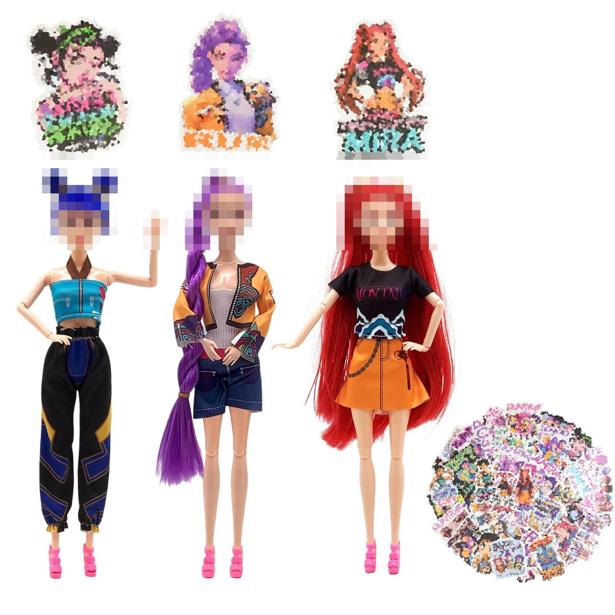Oilkas Demon Hunters Toys Set 11.8-inch poseable dolls with 60 stickers
